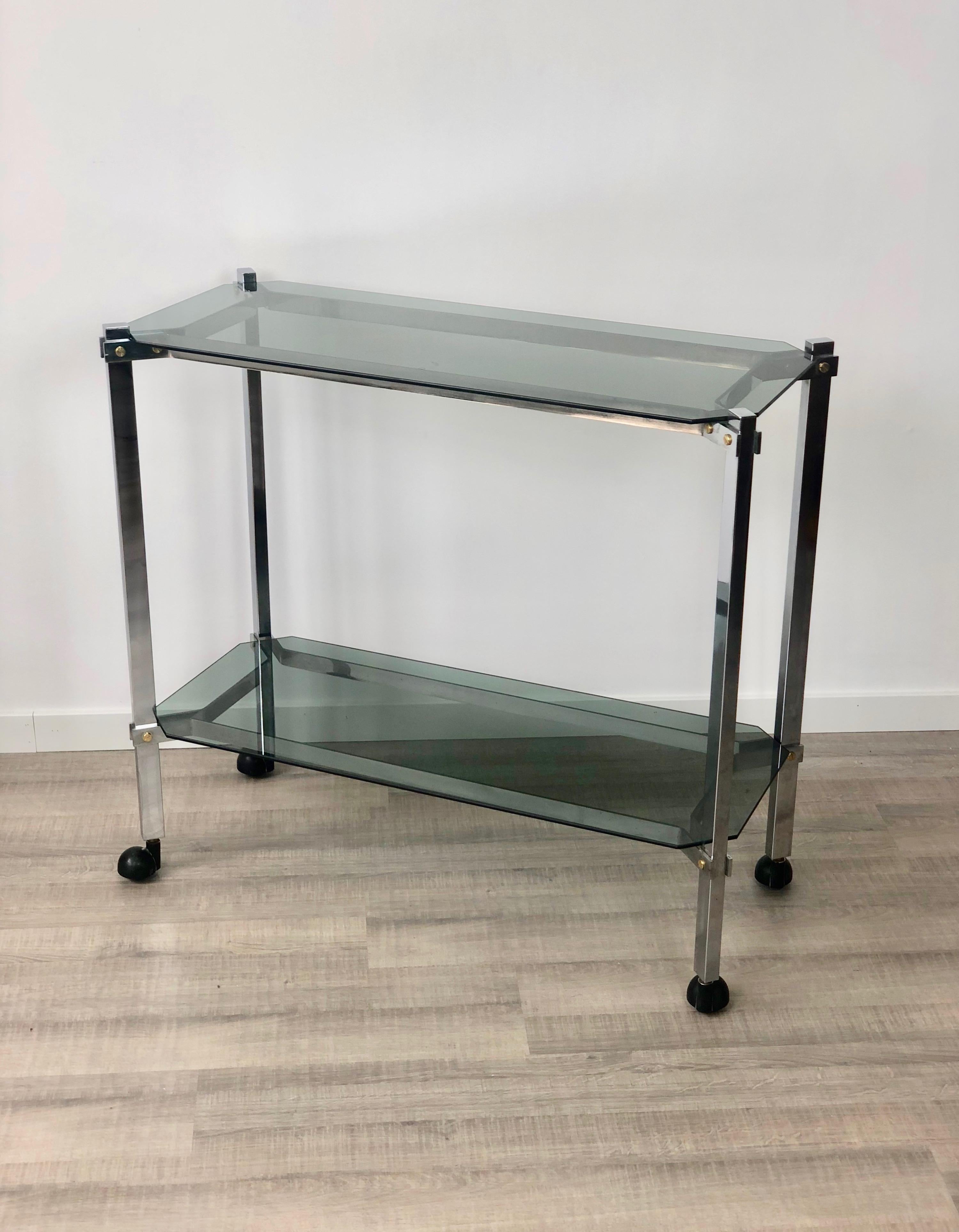 Willy Rizzo style Serving Cart Trolley in Chrome and Smoked Glass, Italy, 1970s In Good Condition For Sale In Rome, IT