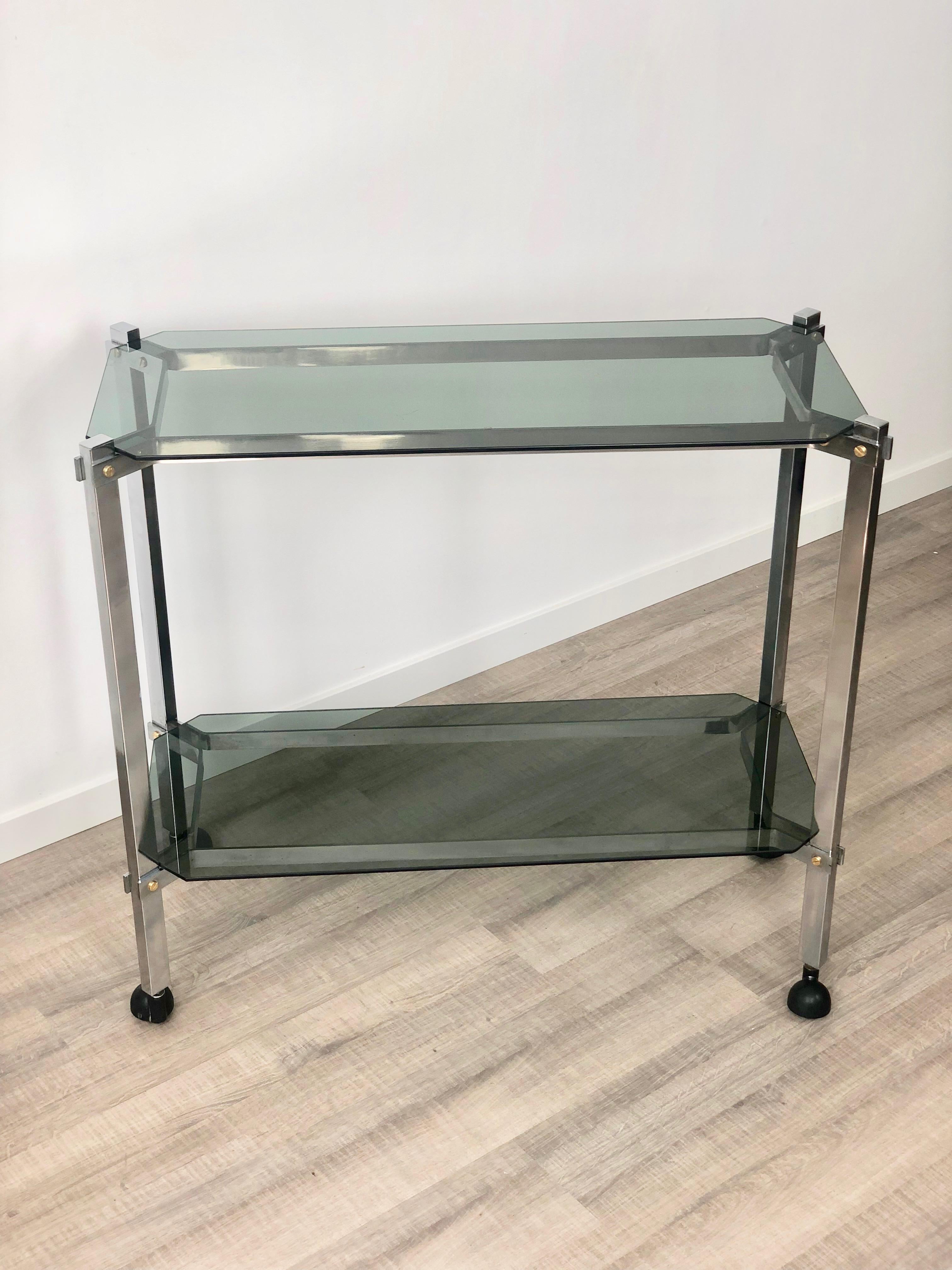 Late 20th Century Willy Rizzo style Serving Cart Trolley in Chrome and Smoked Glass, Italy, 1970s For Sale