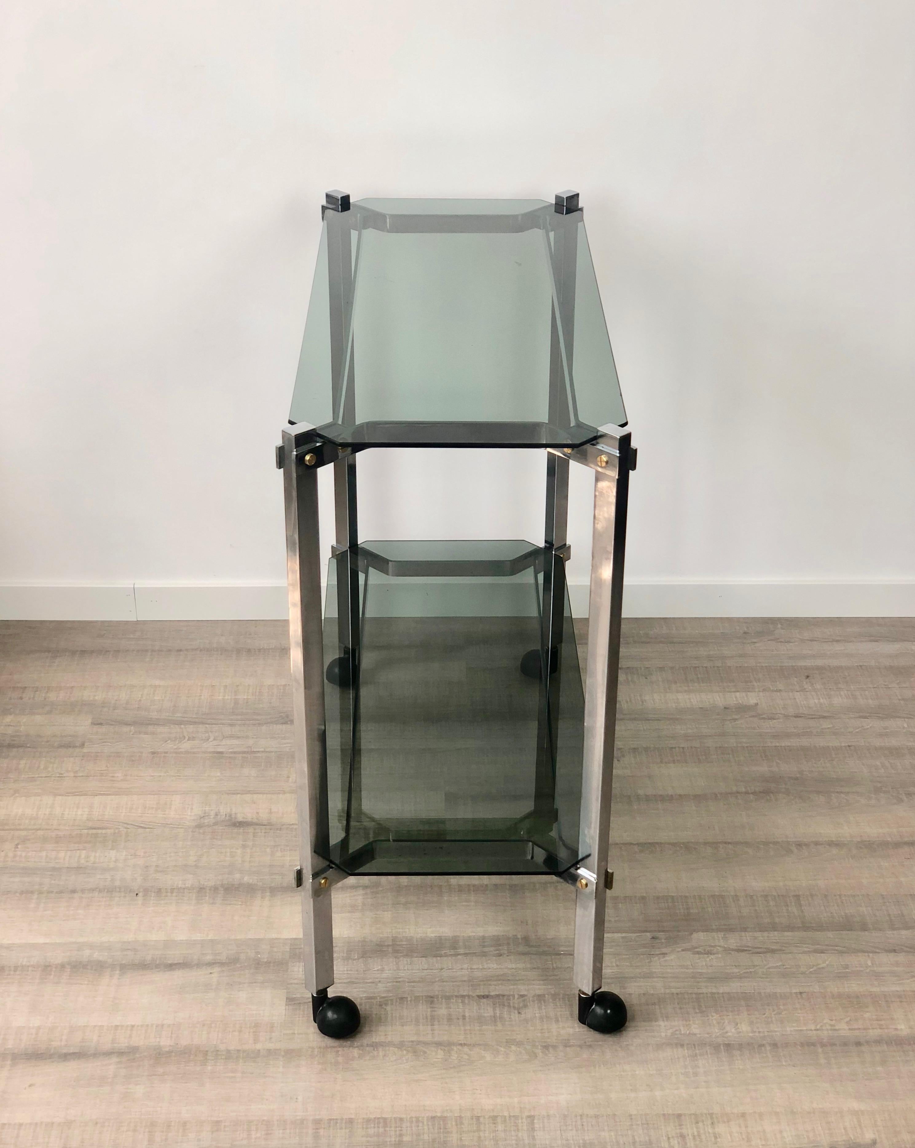 Metal Willy Rizzo style Serving Cart Trolley in Chrome and Smoked Glass, Italy, 1970s For Sale
