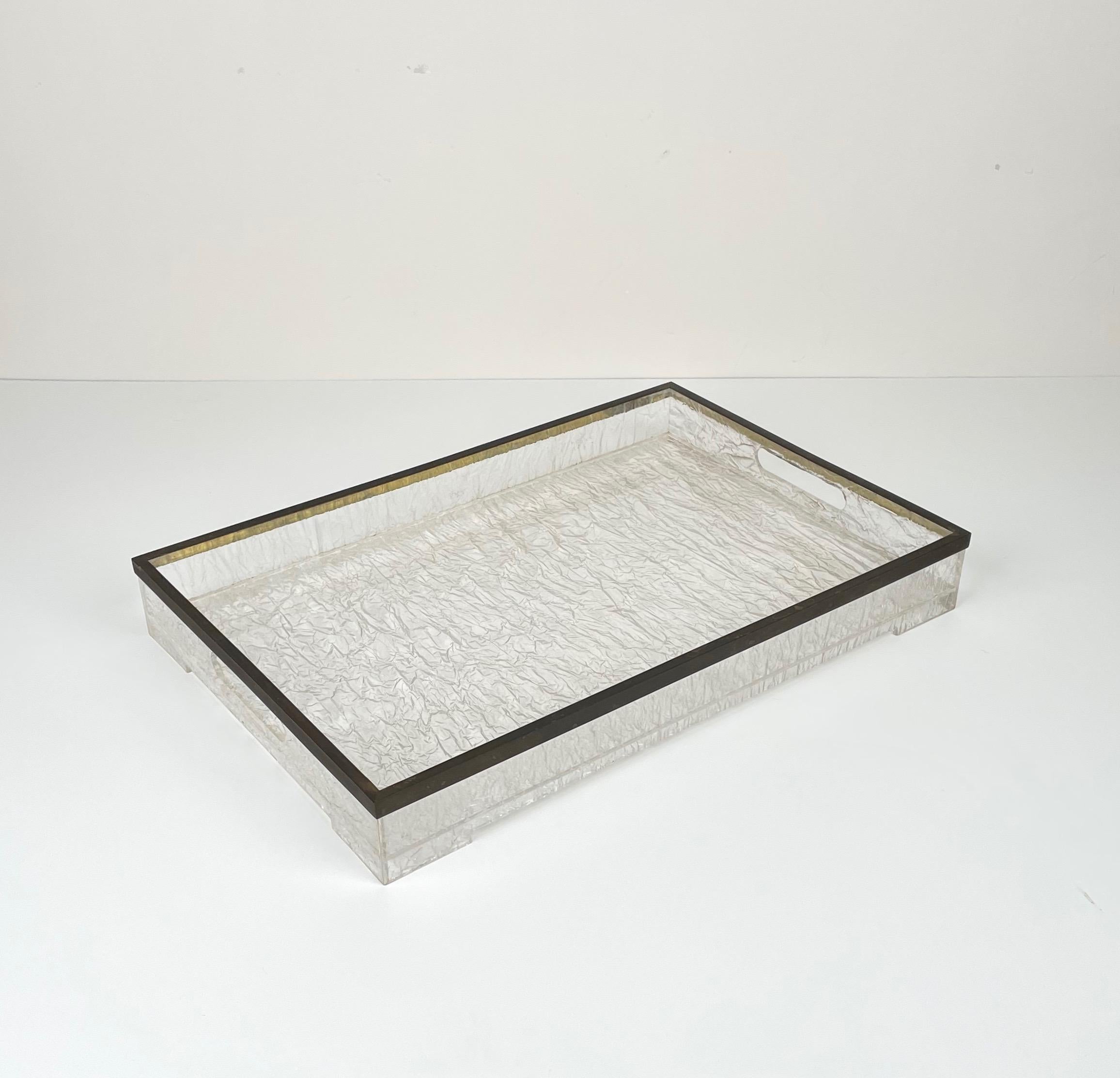 Italian Willy Rizzo Style Serving Tray in Ice Effect Lucite and Brass, Italy, 1970s For Sale
