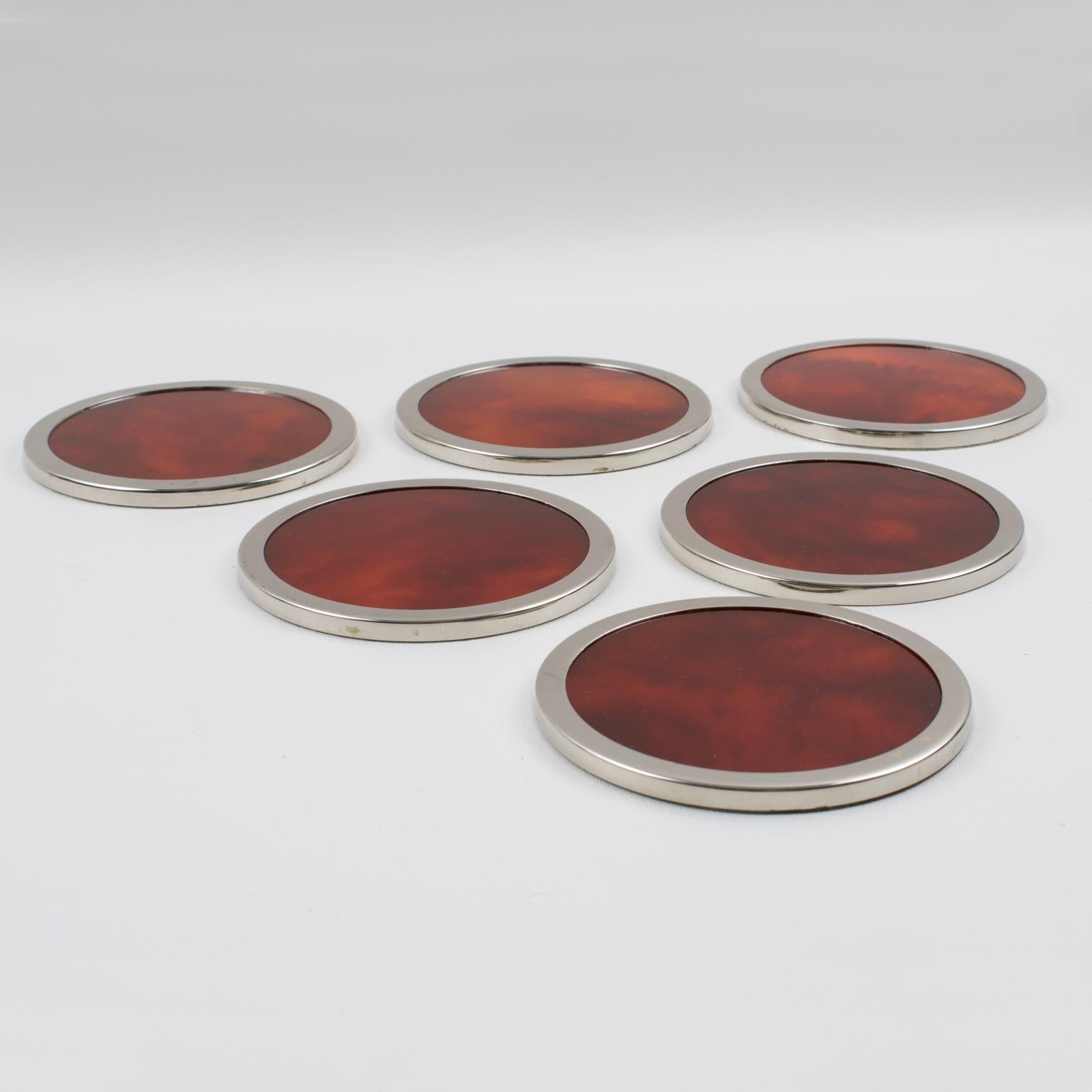 Metal Willy Rizzo Style Tortoise Lucite Chrome Coaster, 6 pieces