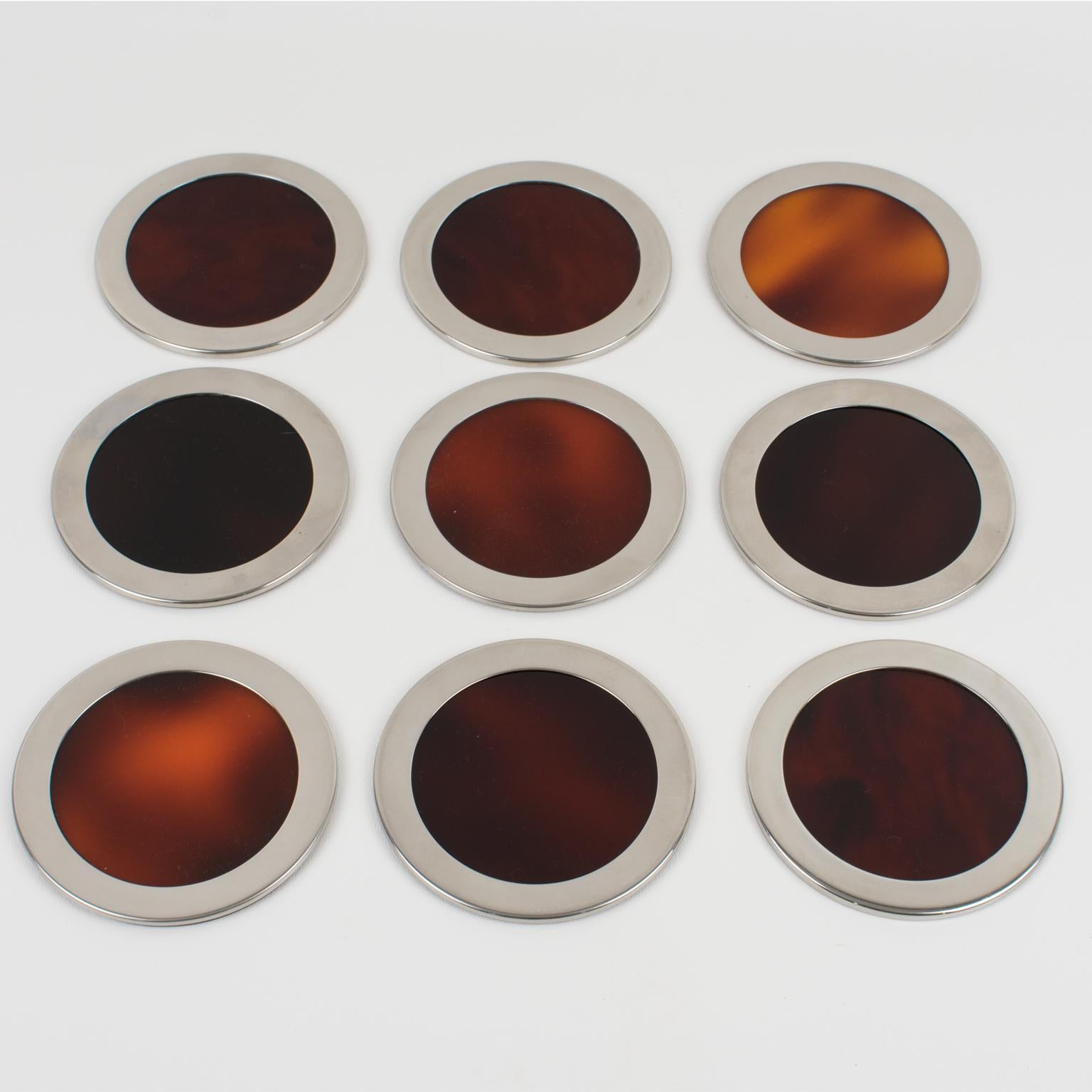 Italian Willy Rizzo Style Tortoise Lucite Chrome Coasters set of 9 pieces