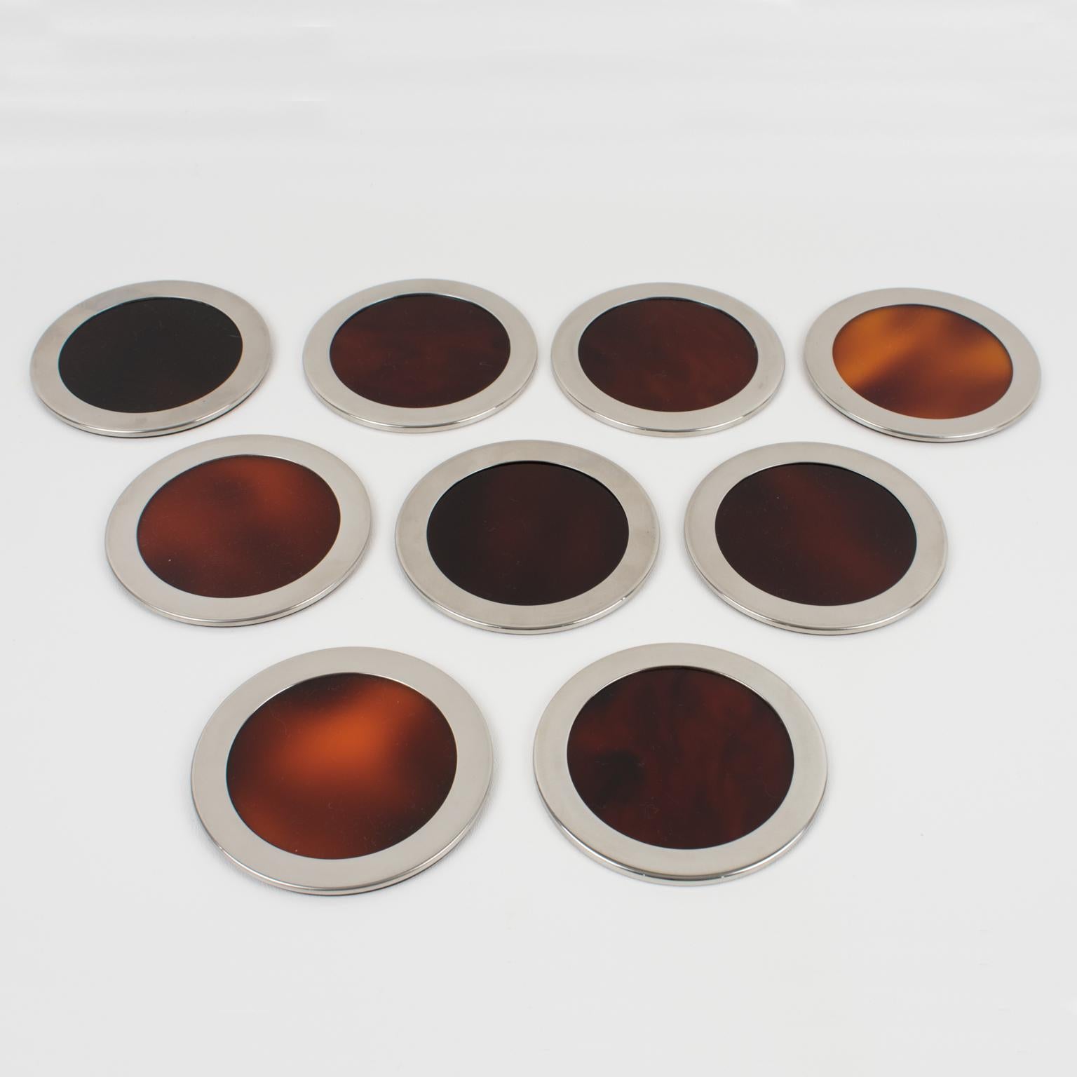 Willy Rizzo Style Tortoise Lucite Chrome Coasters set of 9 pieces In Good Condition In Atlanta, GA