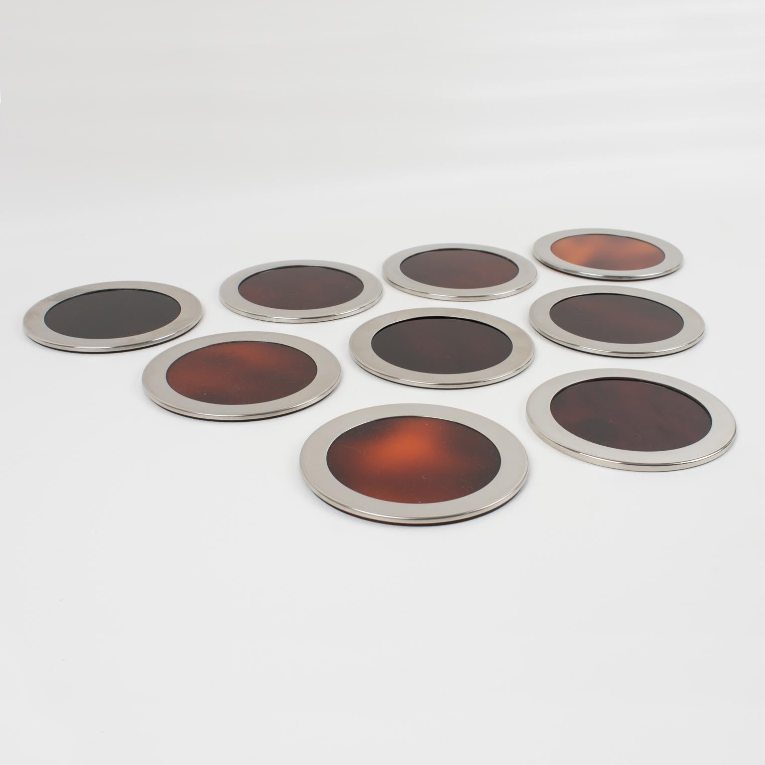 Late 20th Century Willy Rizzo Style Tortoise Lucite Chrome Coasters set of 9 pieces