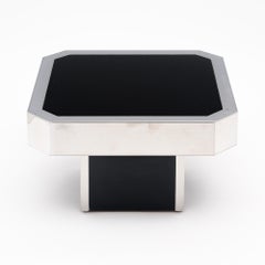 Willy Rizzo Vintage Side Table, Black Glass & Chrome, Italy, 1970