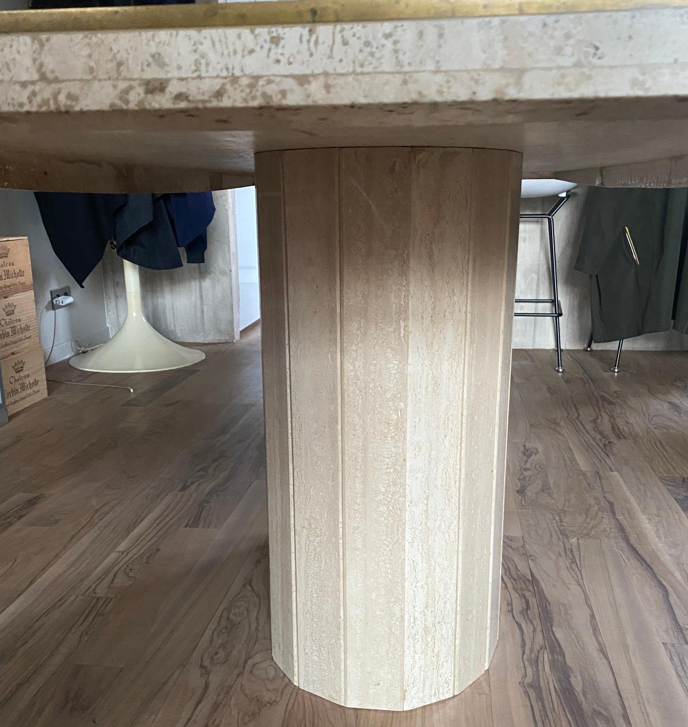Late 20th Century Willy Rizzo Table Dining Room Table Barrel Shape Travertine and Brass, 1975
