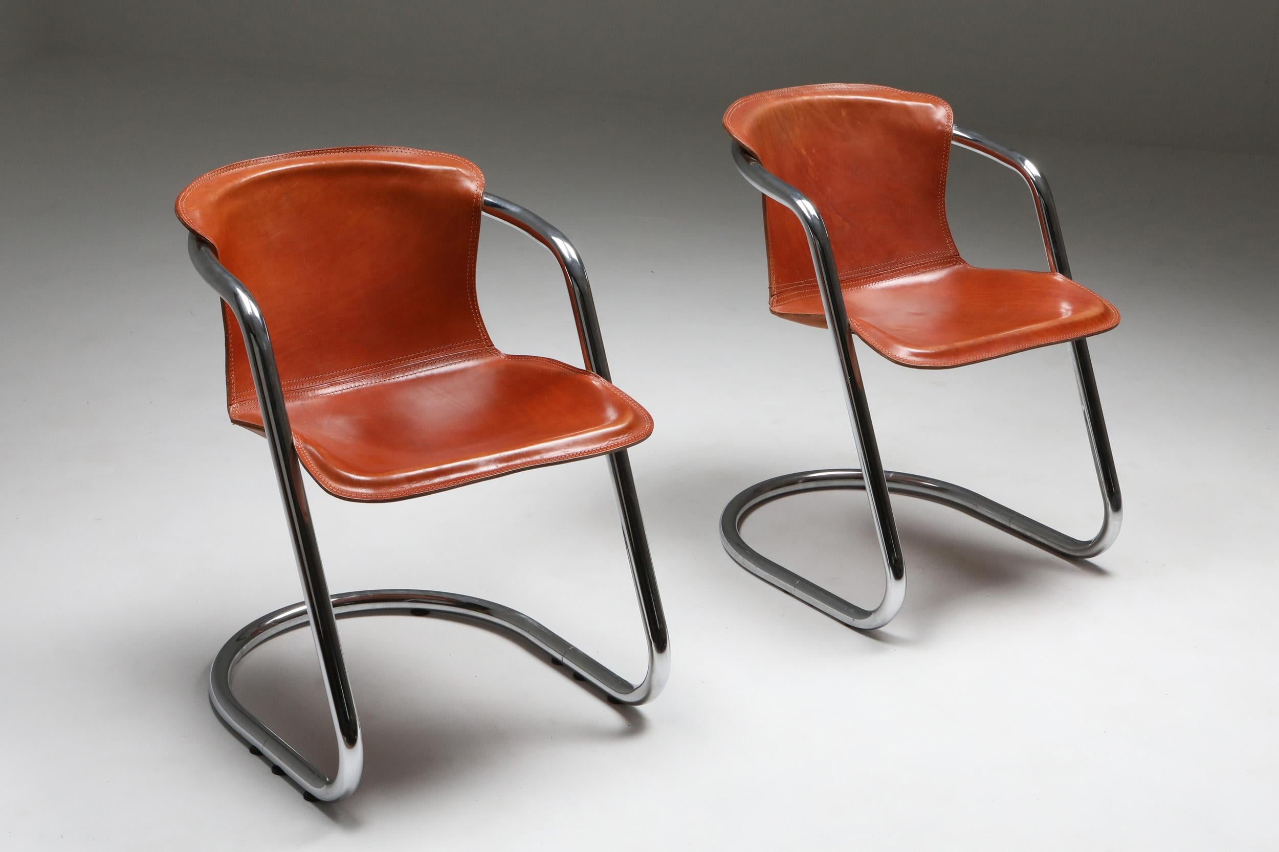 Italian Willy Rizzo Tan Leather Chairs for Cidue