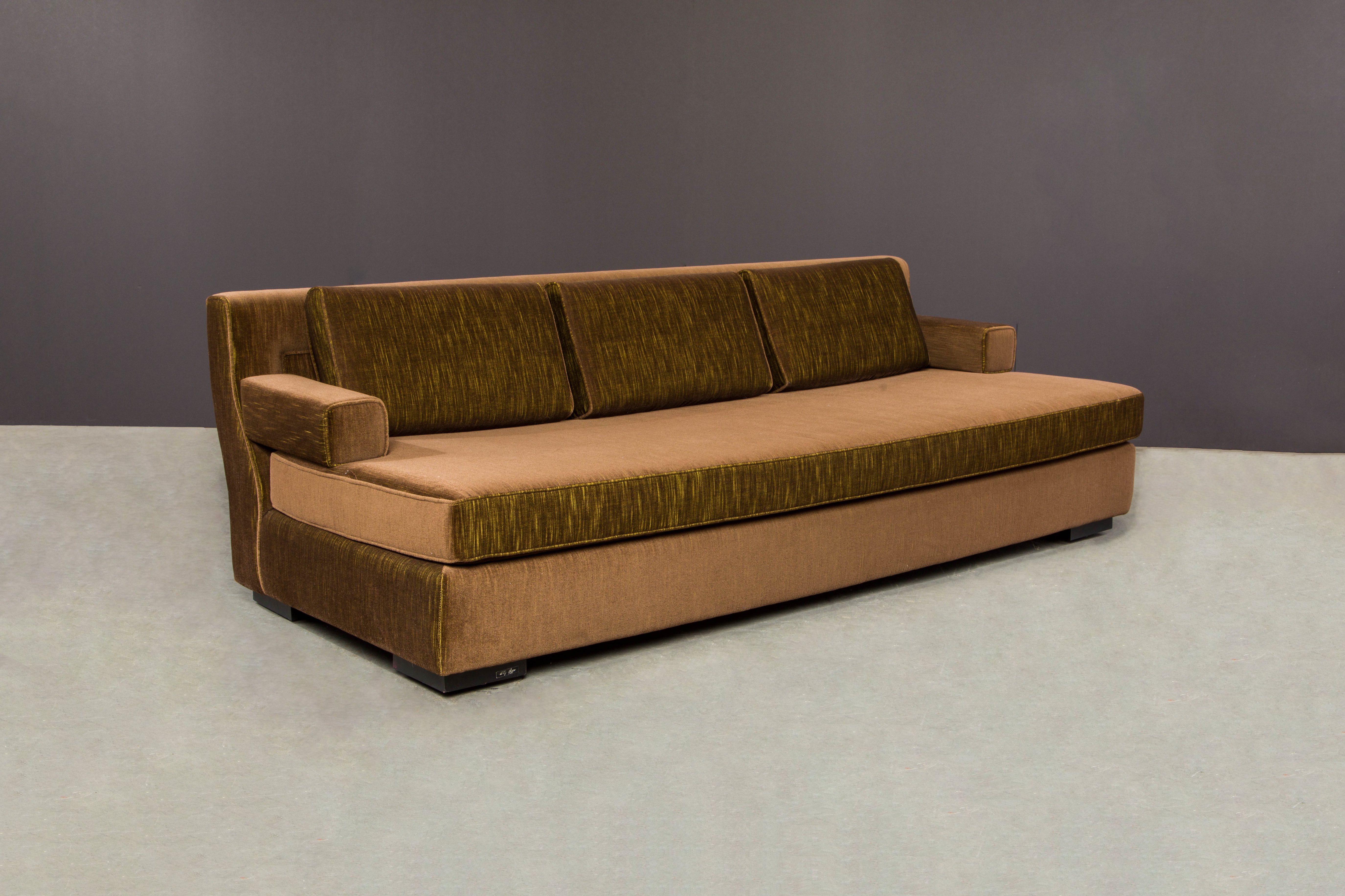 Willy Rizzo Three-Seat Modern Sofa in Brown Strié Velvet, circa 2010s, Signed  In Excellent Condition For Sale In Los Angeles, CA
