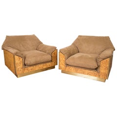 Willy Rizzo Thuja Burl Suede and Brass Set of Two Italian Lounge Chairs and Sofa