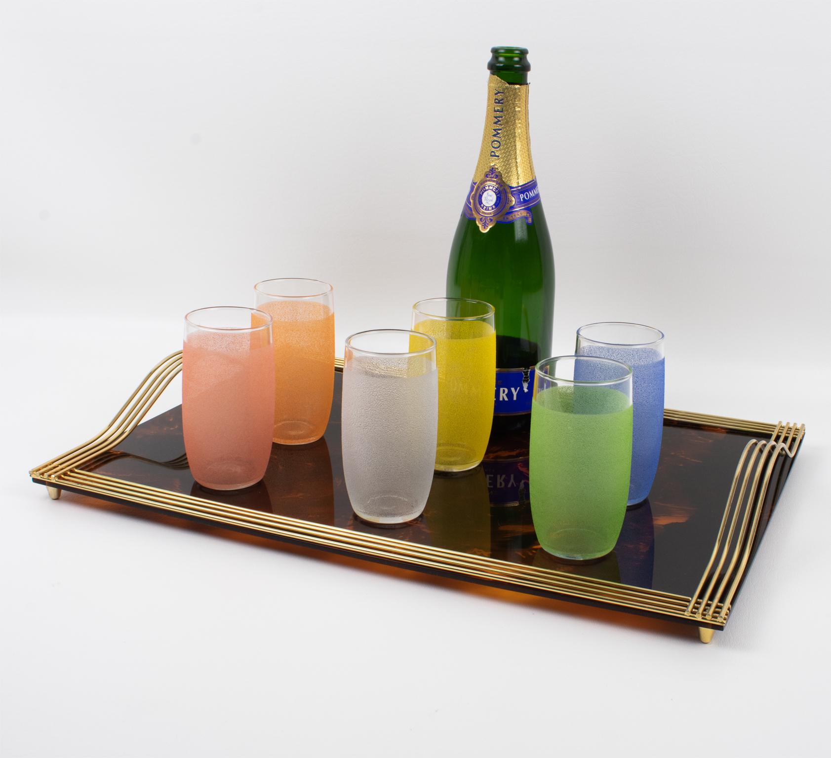 Mid-Century Modern Willy Rizzo Tortoise Lucite and Brass Barware Serving Butler Tray, Italy 1970s For Sale