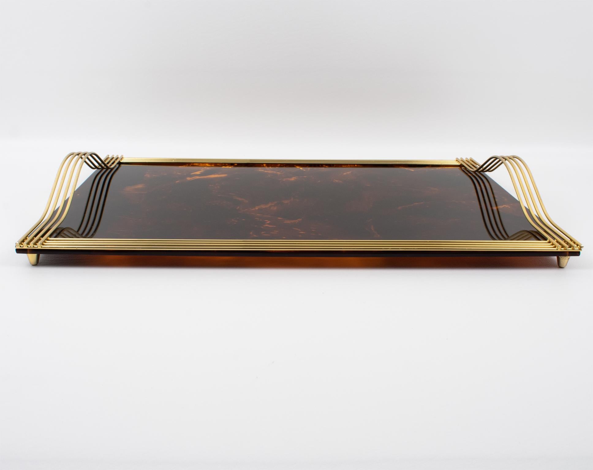 Italian Willy Rizzo Tortoise Lucite and Brass Barware Serving Butler Tray, Italy 1970s For Sale