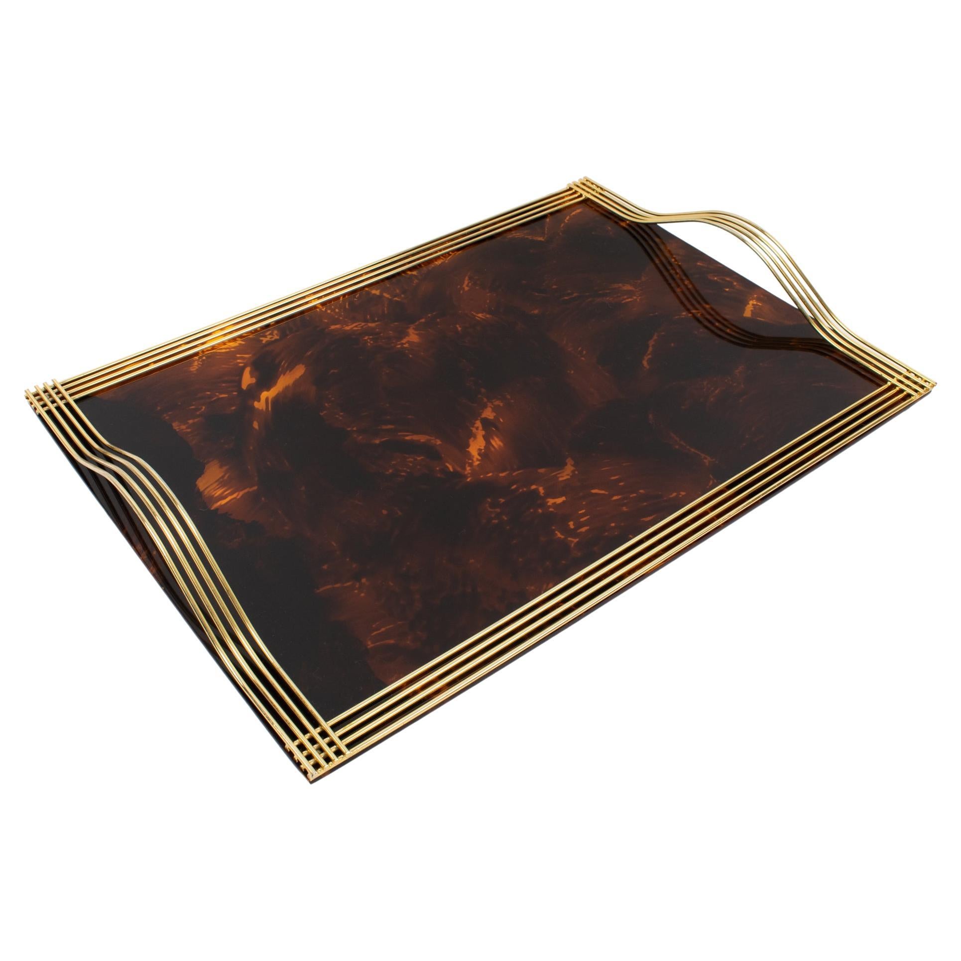 Willy Rizzo Tortoise Lucite and Brass Barware Serving Butler Tray, Italy 1970s For Sale