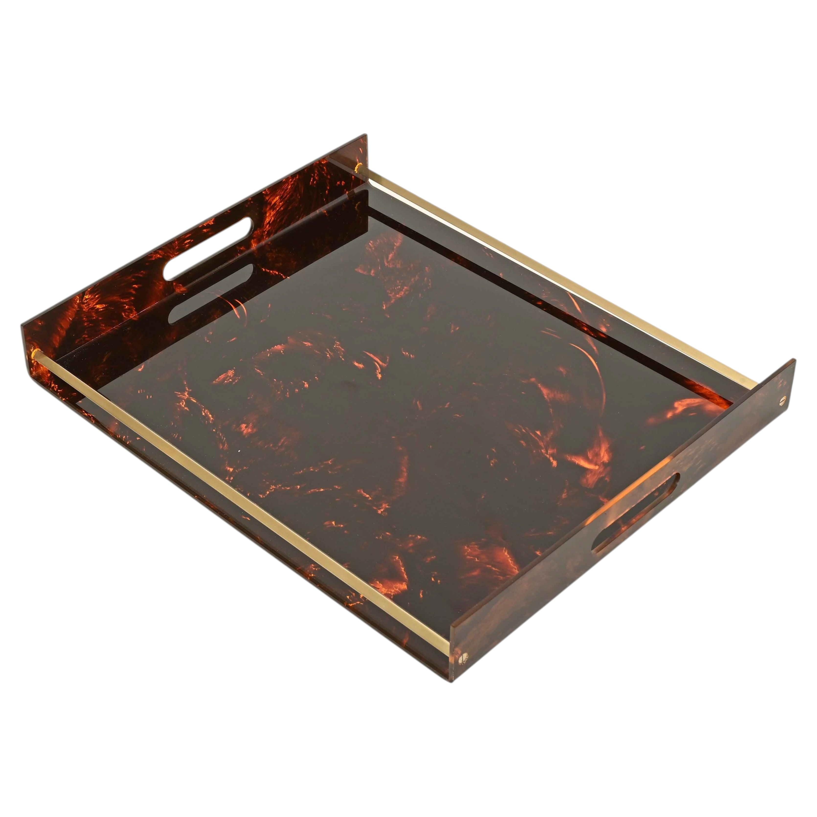 Willy Rizzo Tortoiseshell Lucite & Brass Italian Serving Tray, 1970s
