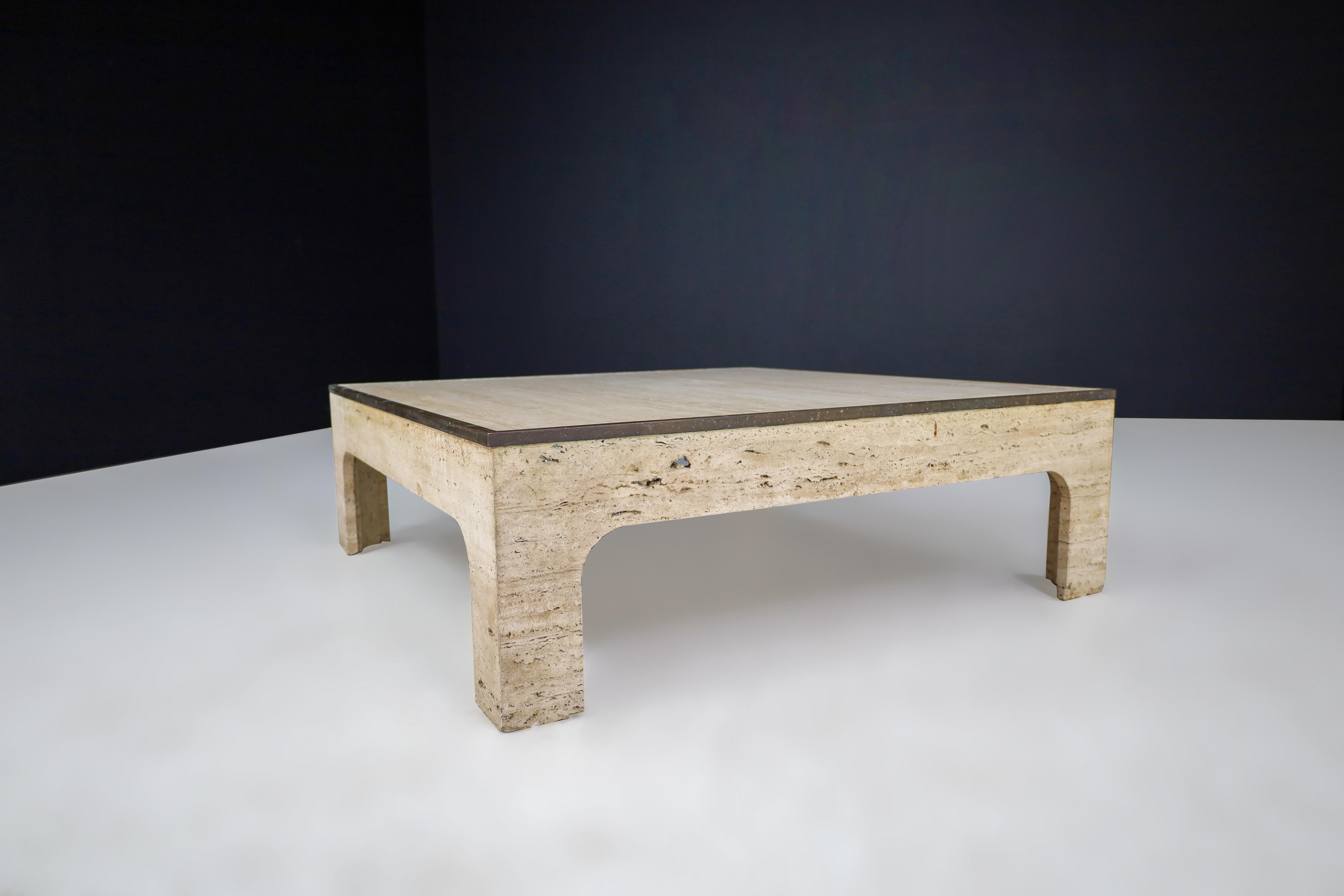 Willy Rizzo Travertine and Patinated Brass Coffee Table Italy 1970s   For Sale 4