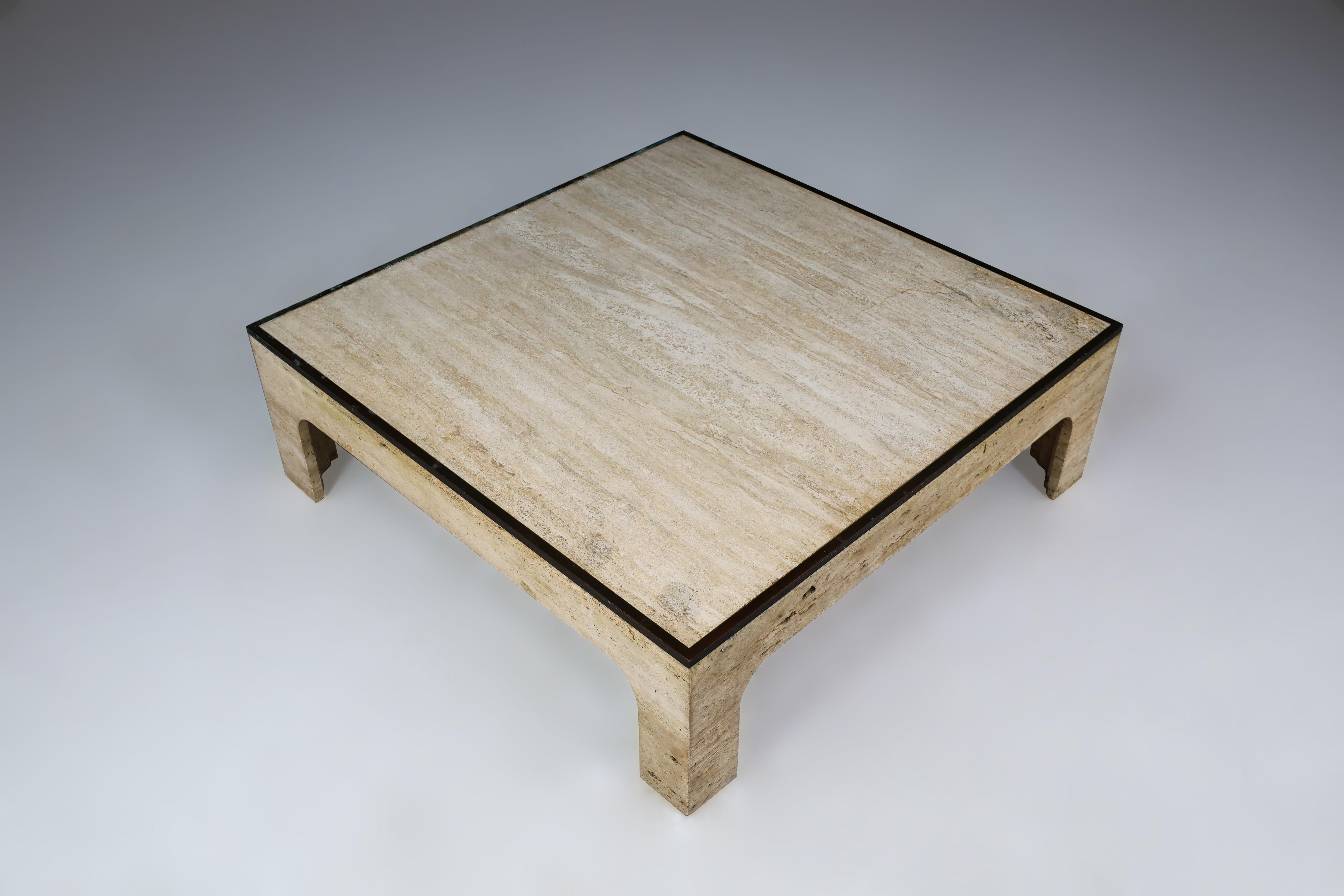 Willy Rizzo Travertine and Patinated Brass Coffee Table Italy 1970s   7