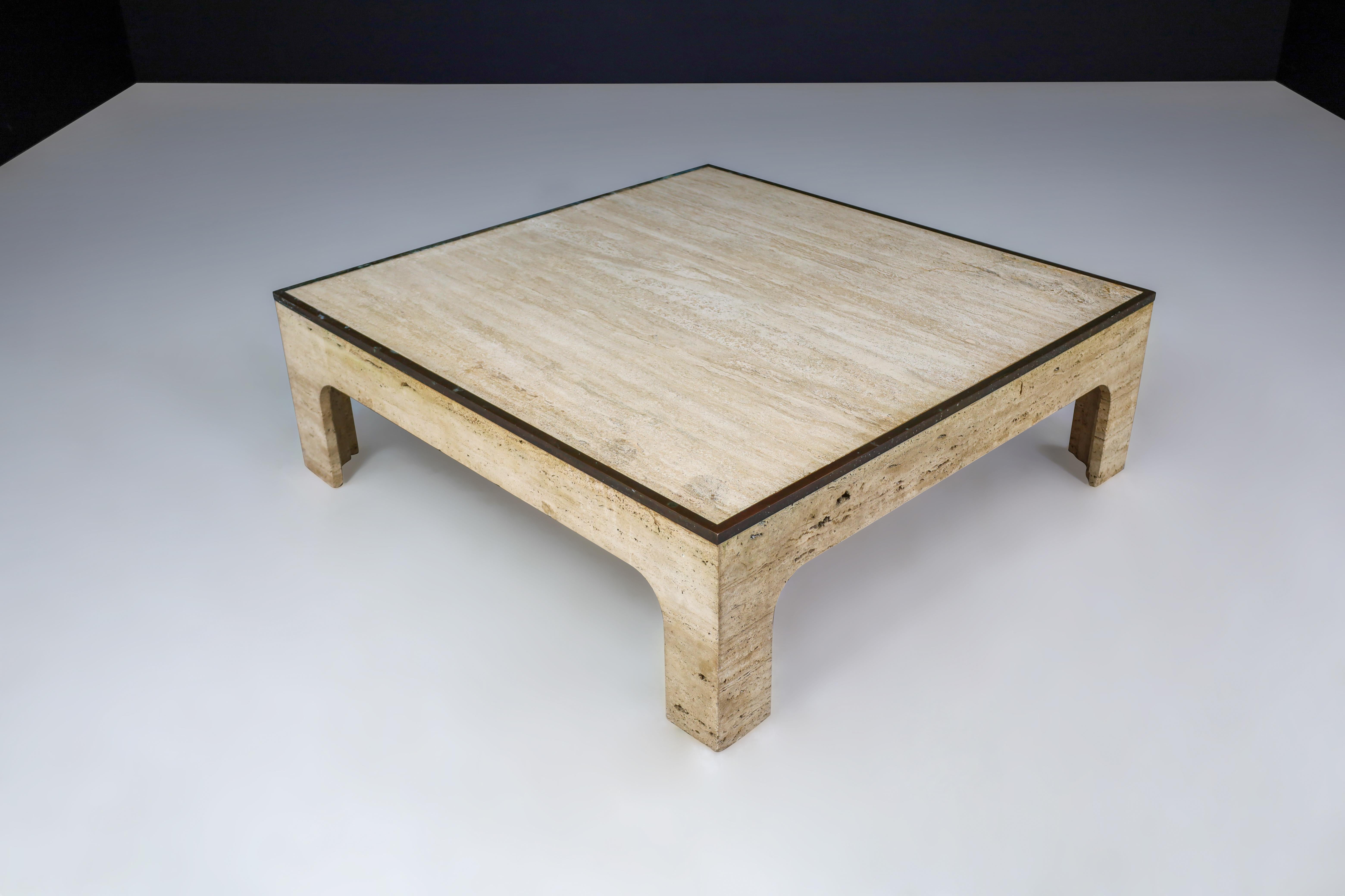 Willy Rizzo Travertine and Patinated Brass Coffee Table Italy 1970s   8