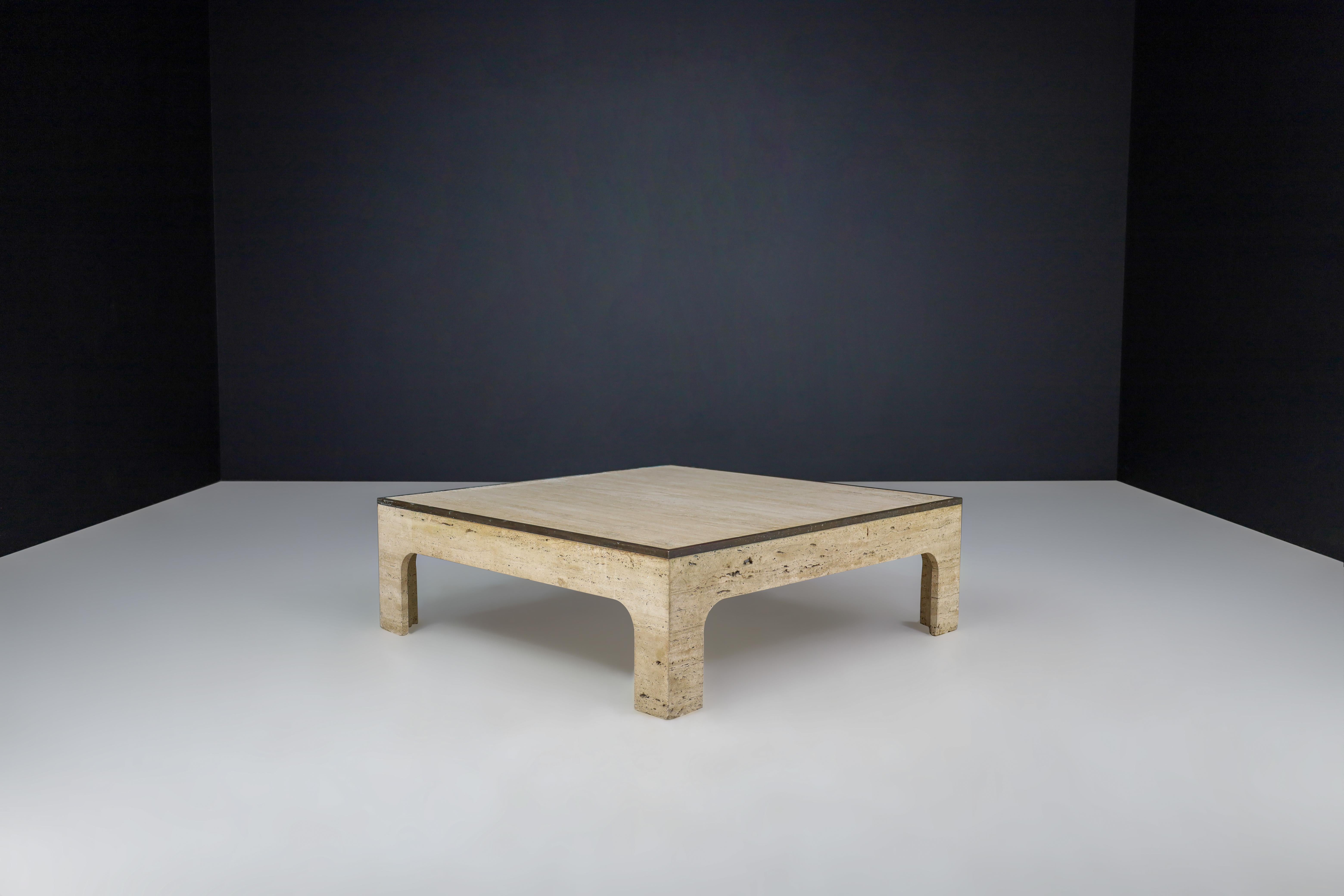 Willy Rizzo Travertine and Patinated Brass Coffee Table Italy 1970s   For Sale 11