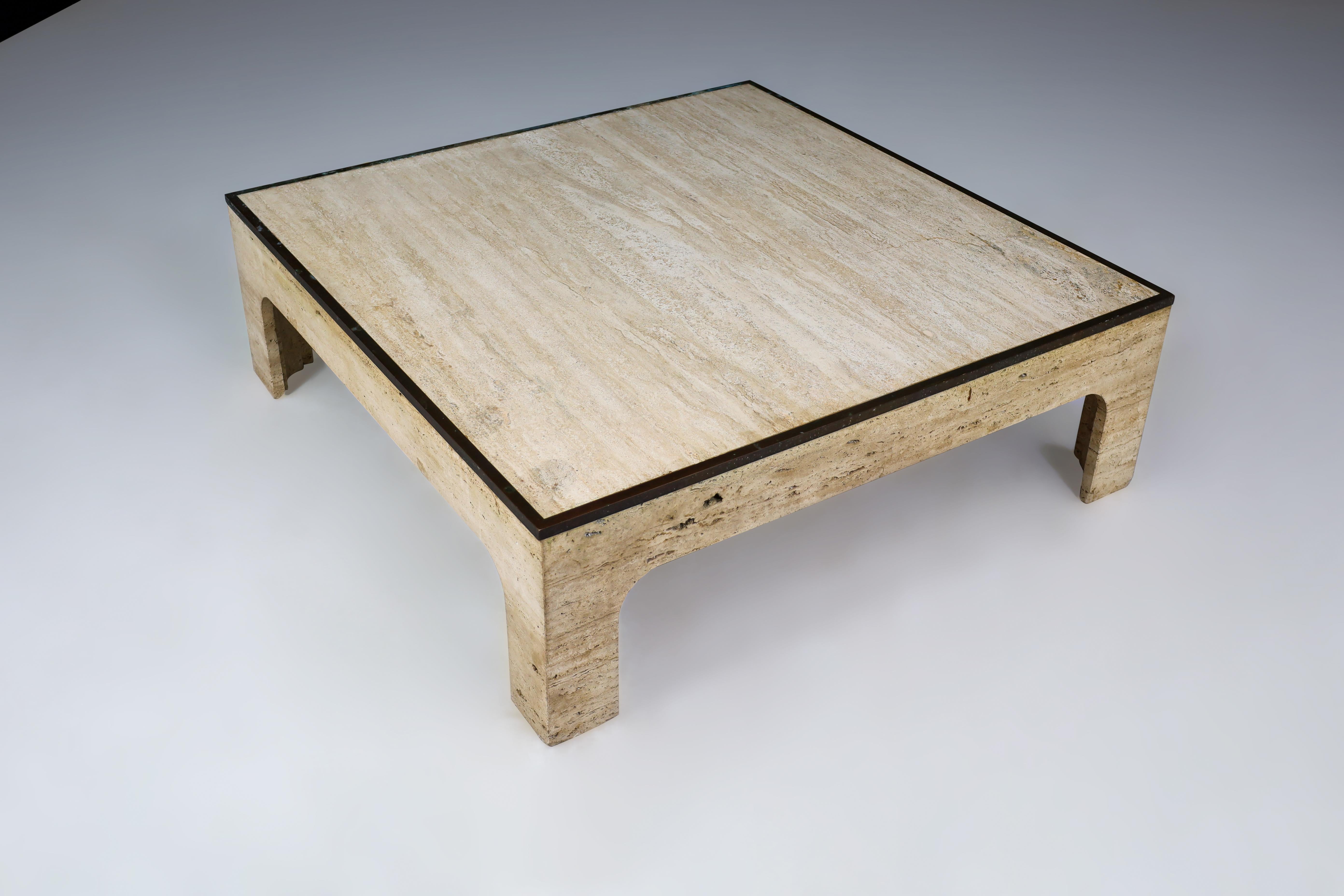 Willy Rizzo Travertine and Patinated Brass Coffee Table Italy 1970s   12
