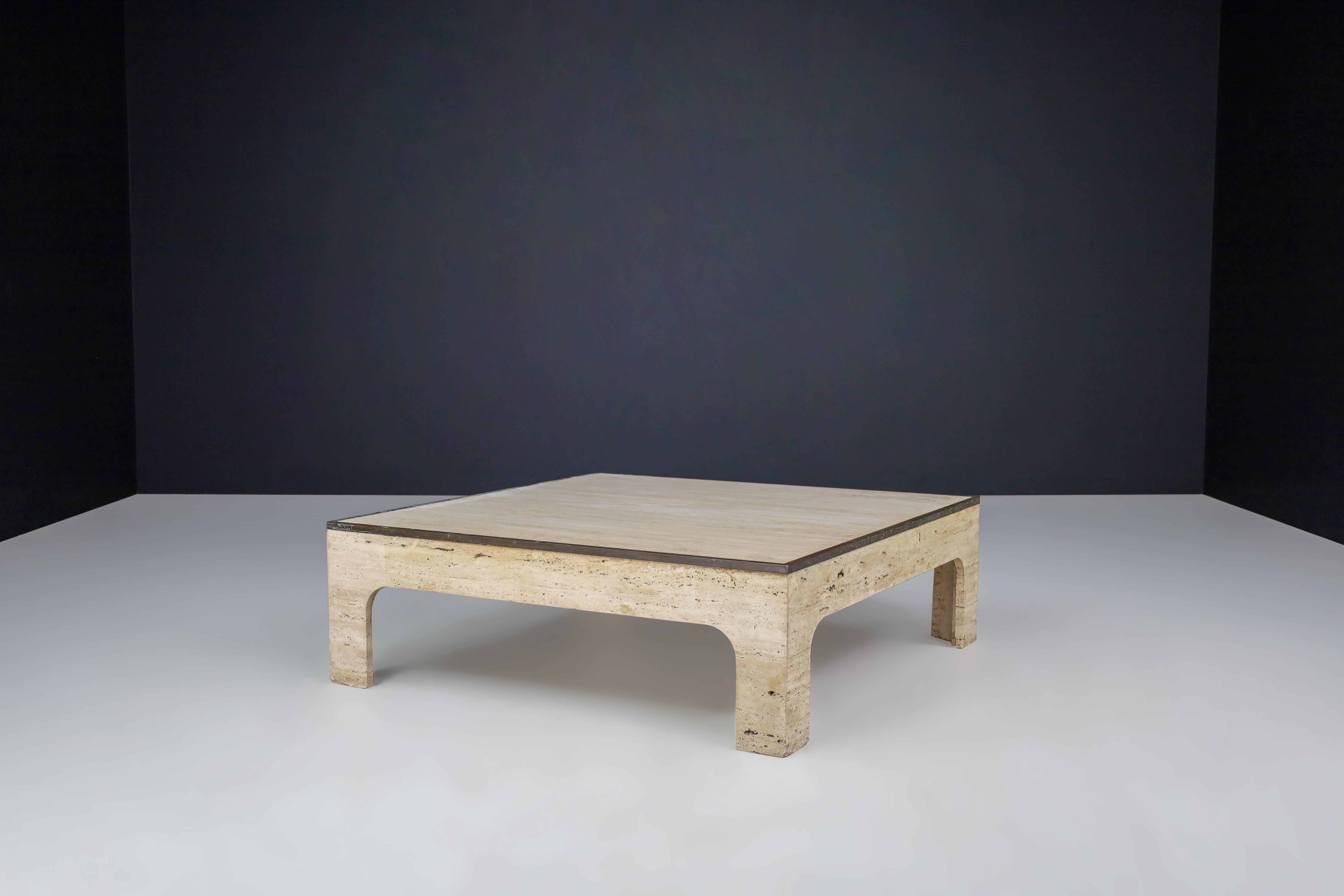 Hollywood Regency Willy Rizzo Travertine and Patinated Brass Coffee Table Italy 1970s   For Sale