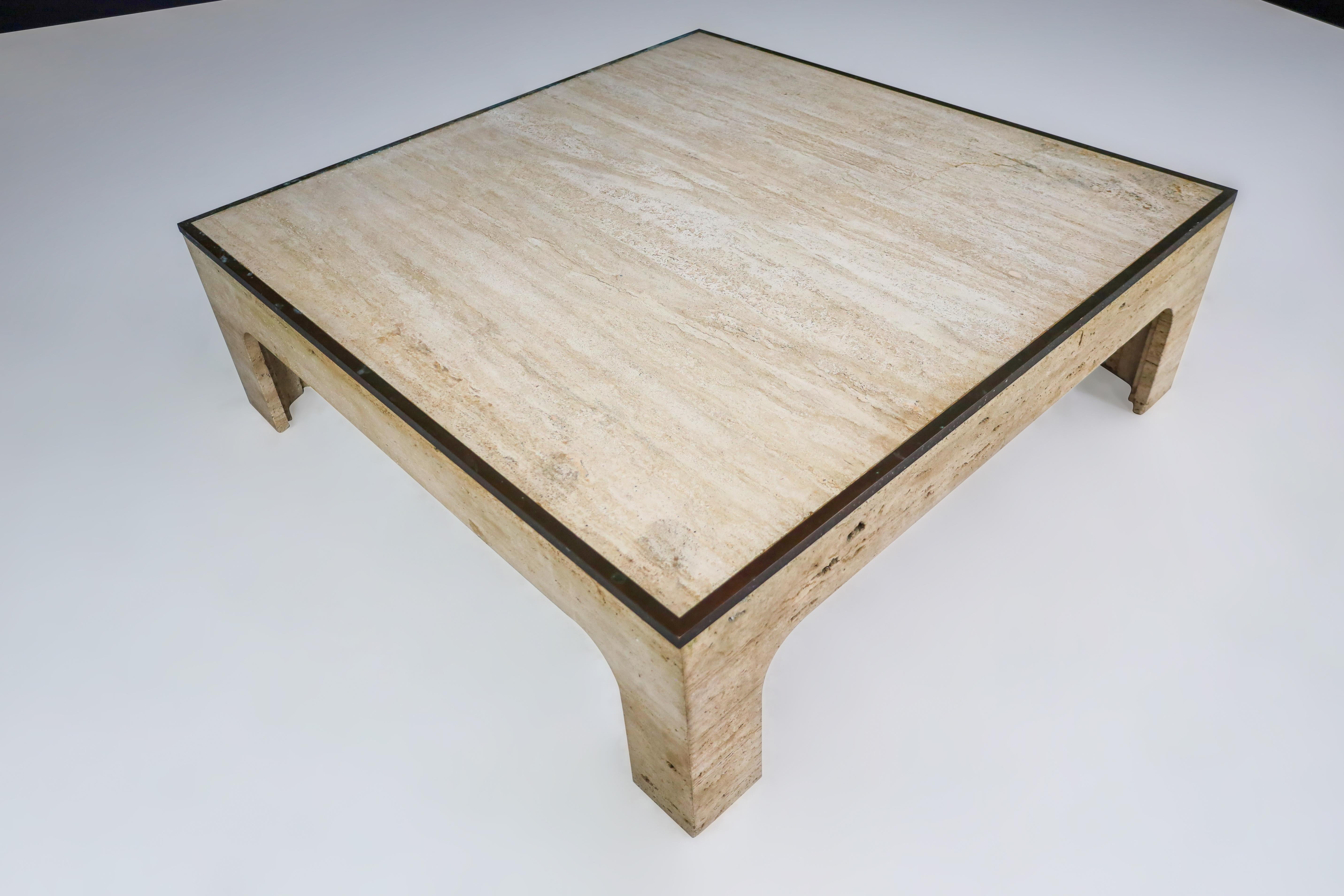 Late 20th Century Willy Rizzo Travertine and Patinated Brass Coffee Table Italy 1970s   For Sale