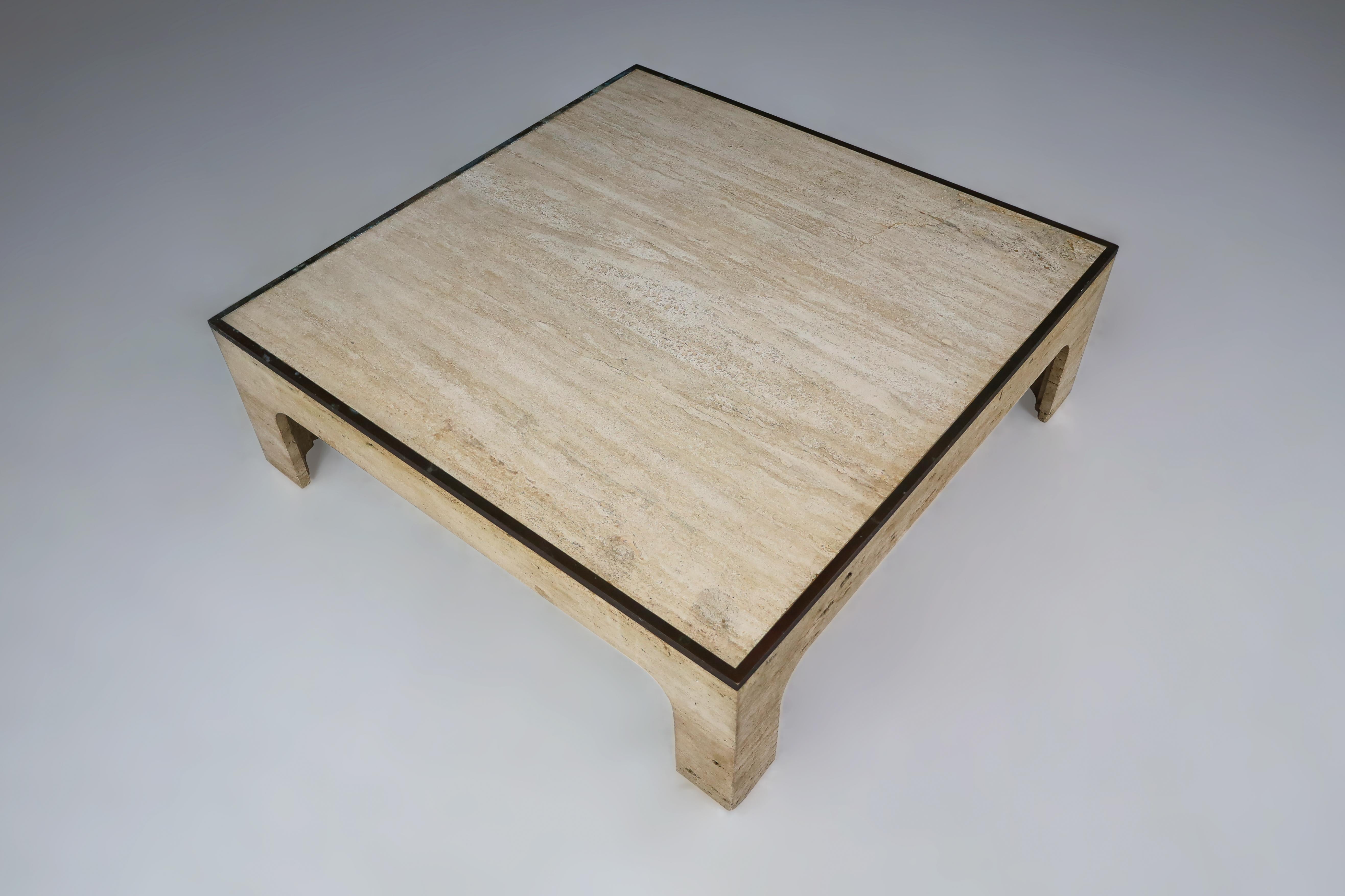 Willy Rizzo Travertine and Patinated Brass Coffee Table Italy 1970s   3
