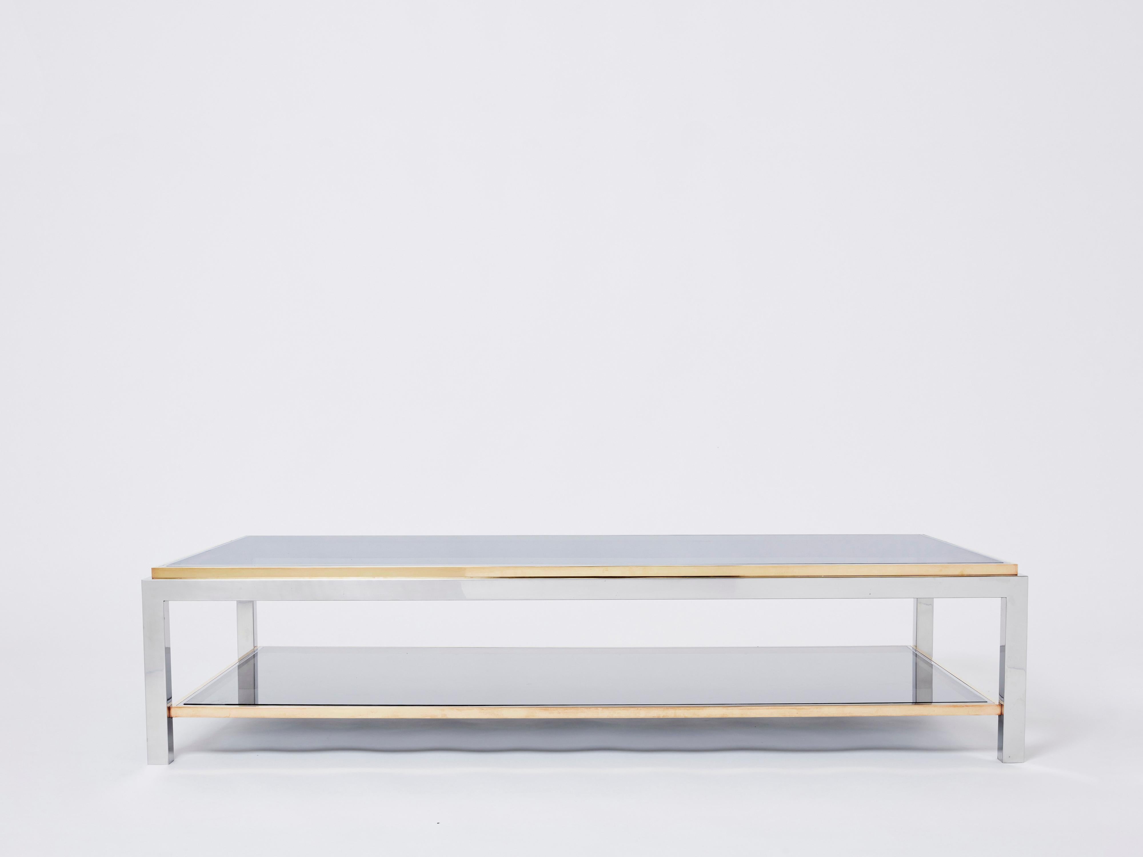 Mid-Century Modern Willy Rizzo Two-Tier Brass Chrome Smoked Glass Coffee Table Flaminia, 1970s