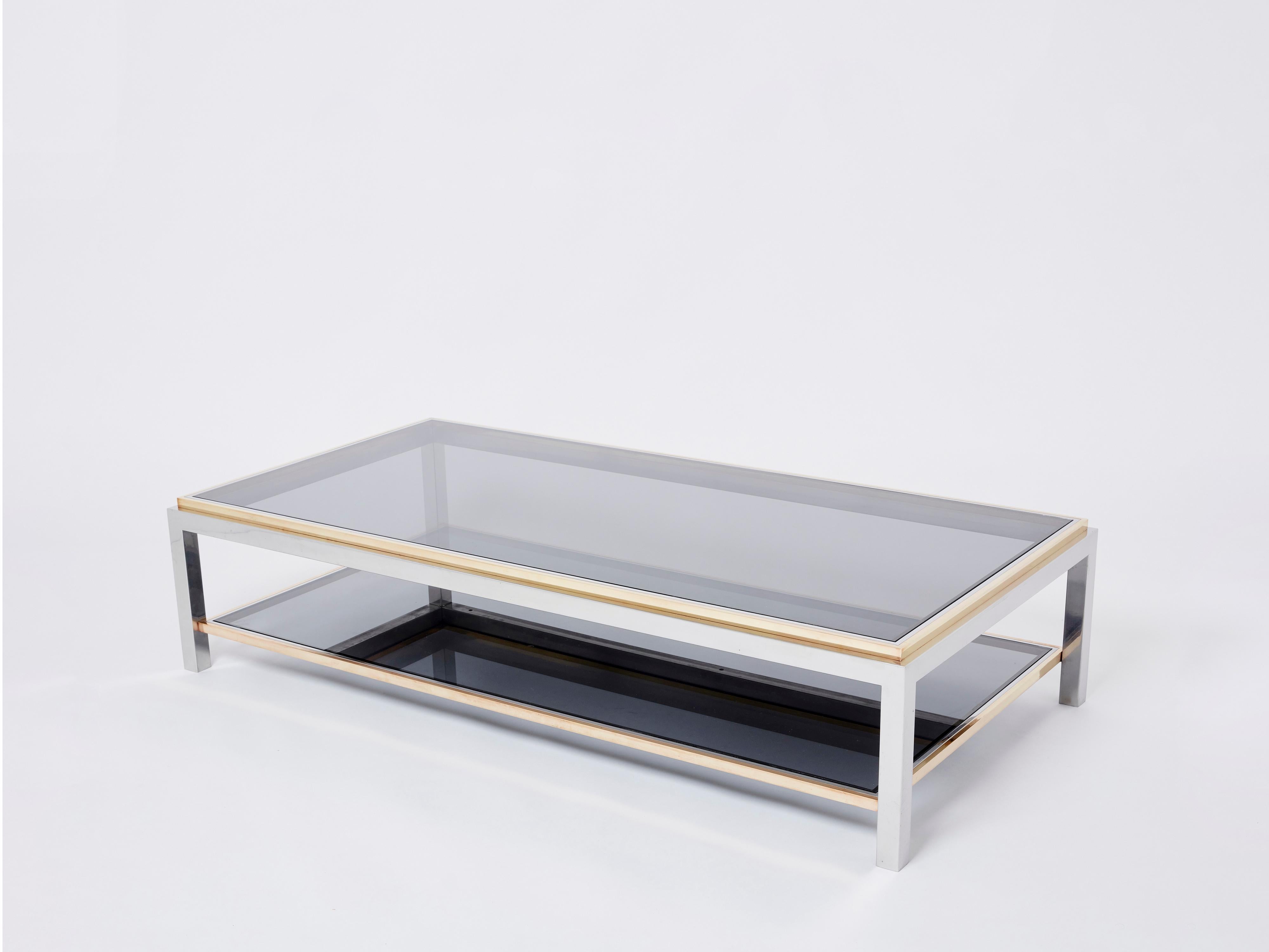 Willy Rizzo Two-Tier Brass Chrome Smoked Glass Coffee Table Flaminia, 1970s In Good Condition In Paris, IDF