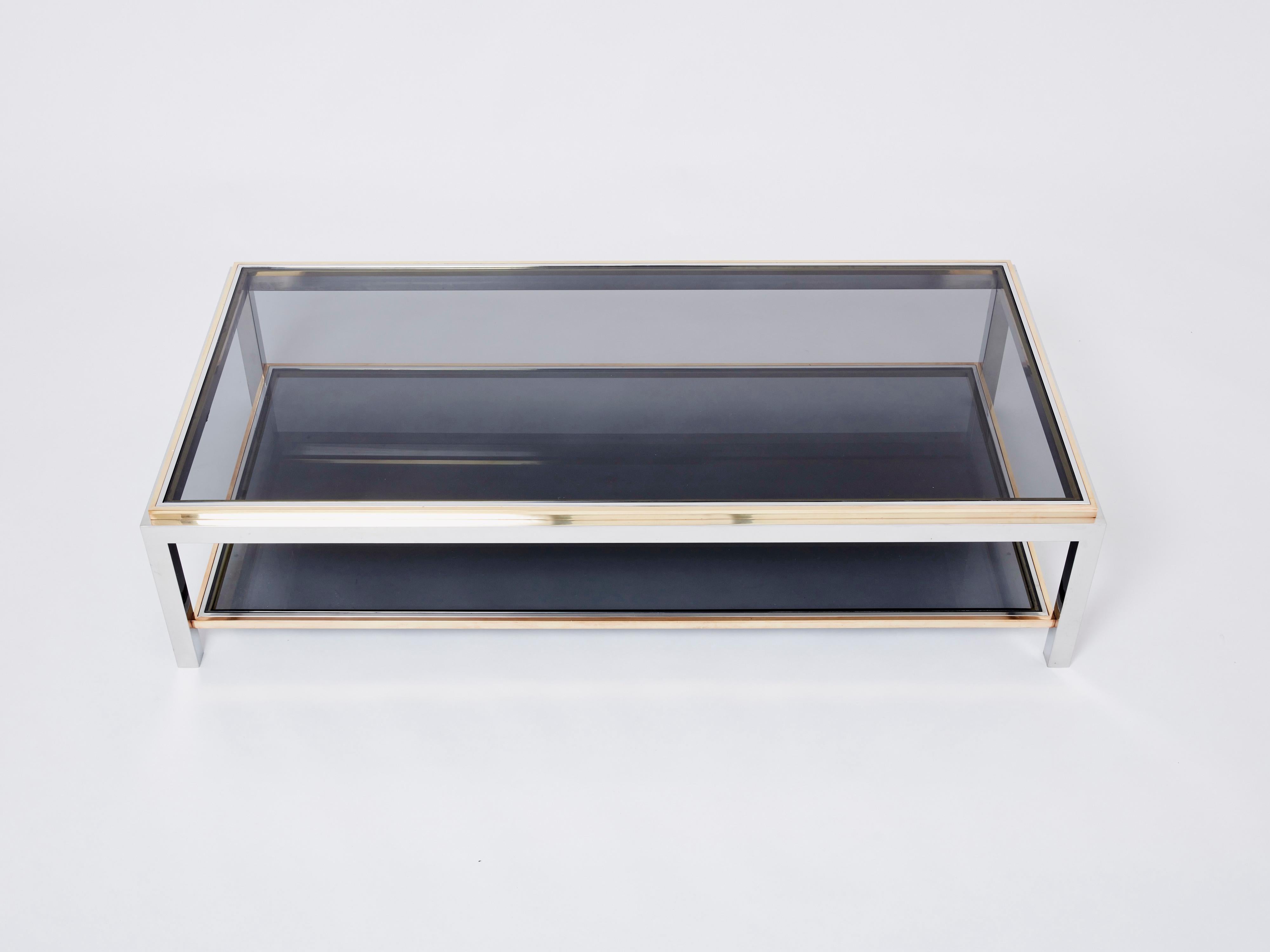 Late 20th Century Willy Rizzo Two-Tier Brass Chrome Smoked Glass Coffee Table Flaminia, 1970s