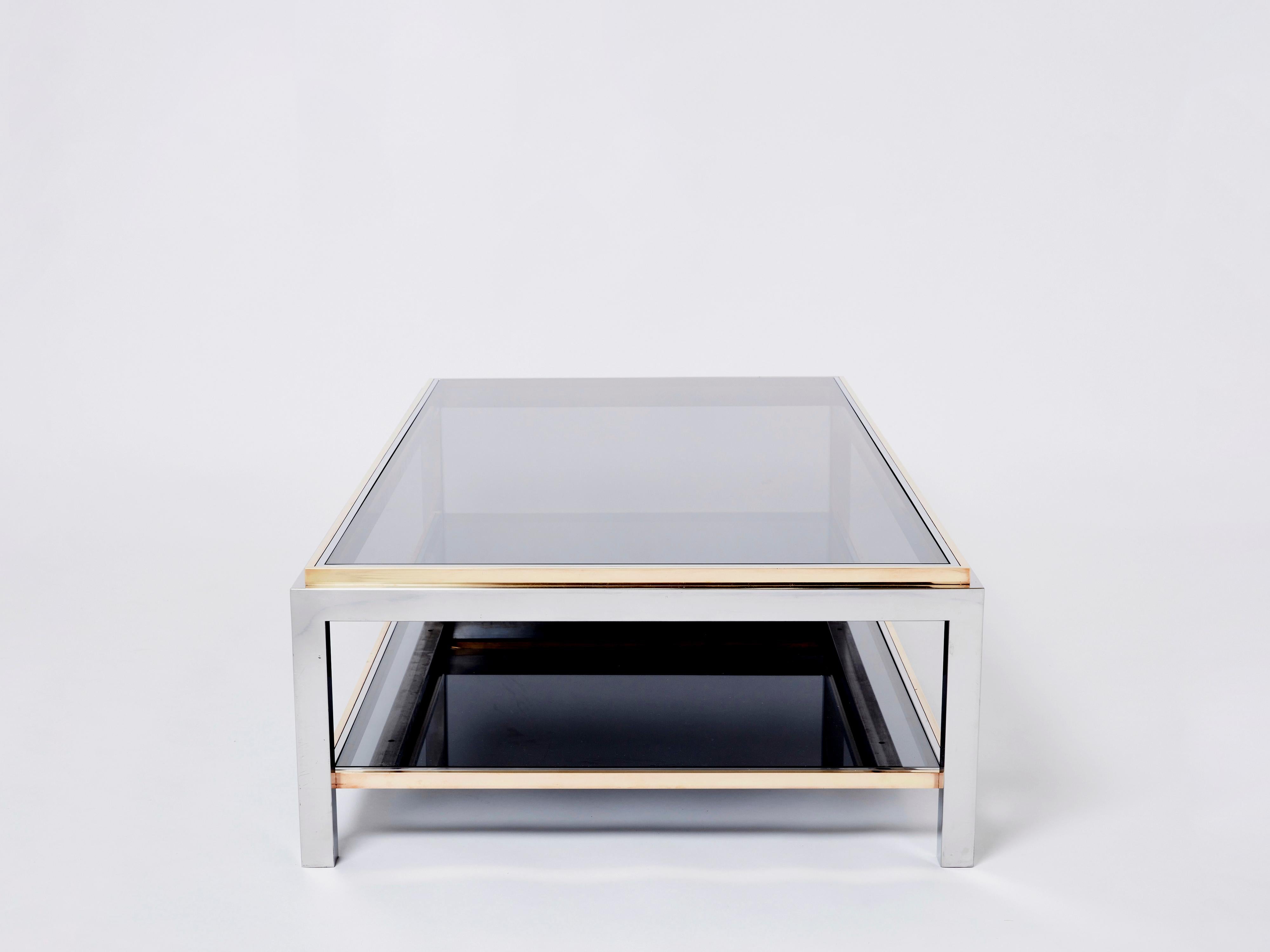 Willy Rizzo Two-Tier Brass Chrome Smoked Glass Coffee Table Flaminia, 1970s 1