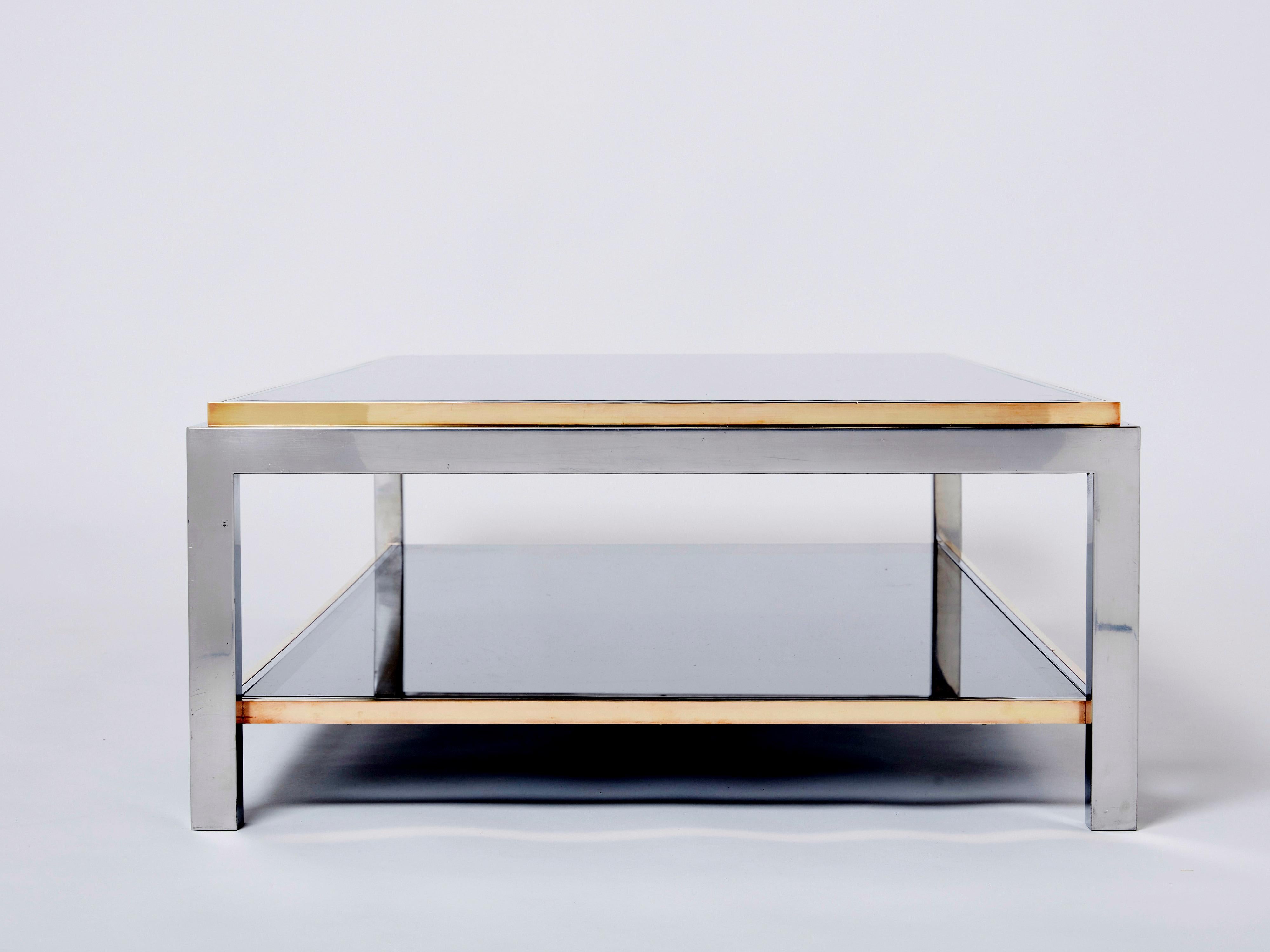 Willy Rizzo Two-Tier Brass Chrome Smoked Glass Coffee Table Flaminia, 1970s 3