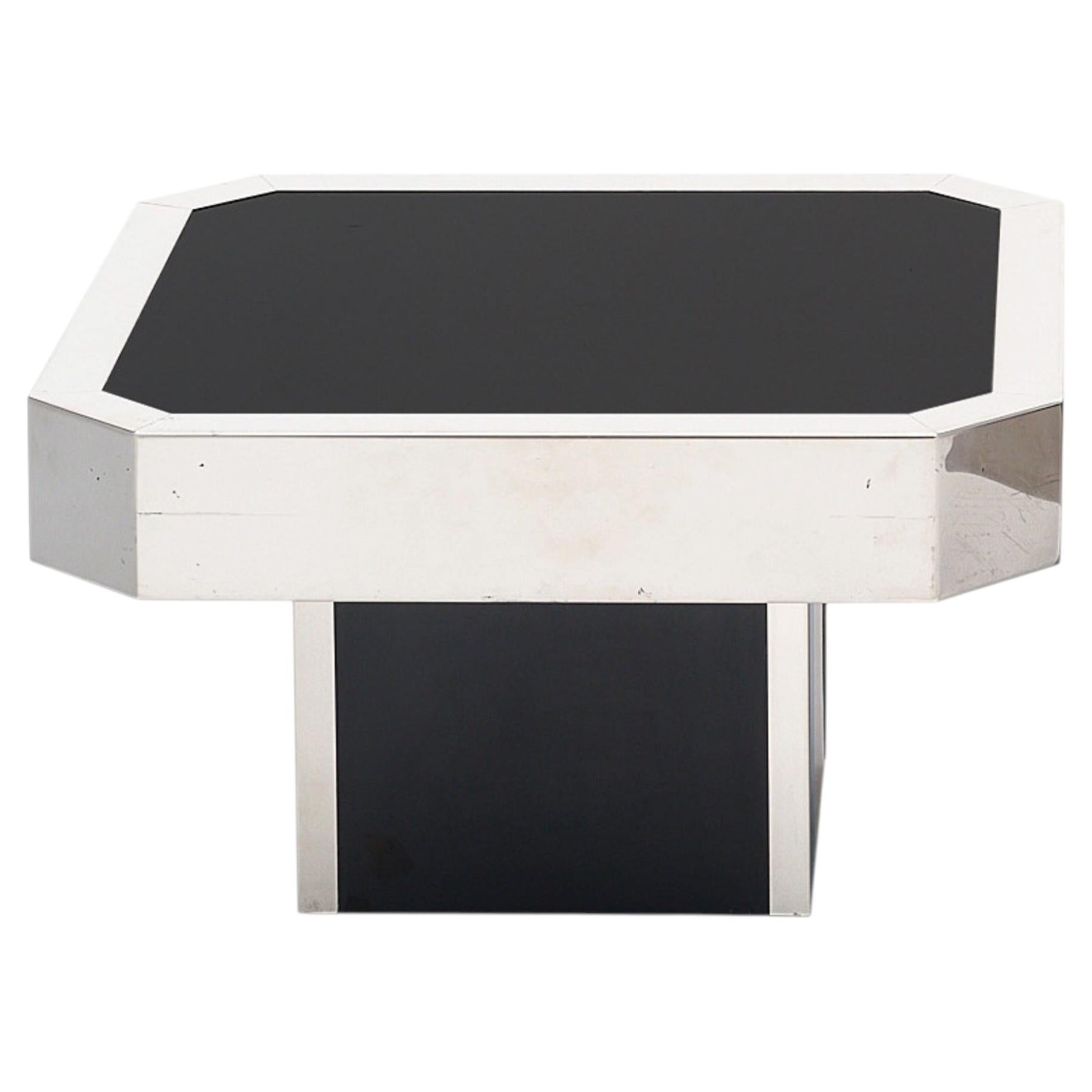 Willy Rizzo Vintage Side Table, Black Glass & Chrome, Italy, 1970