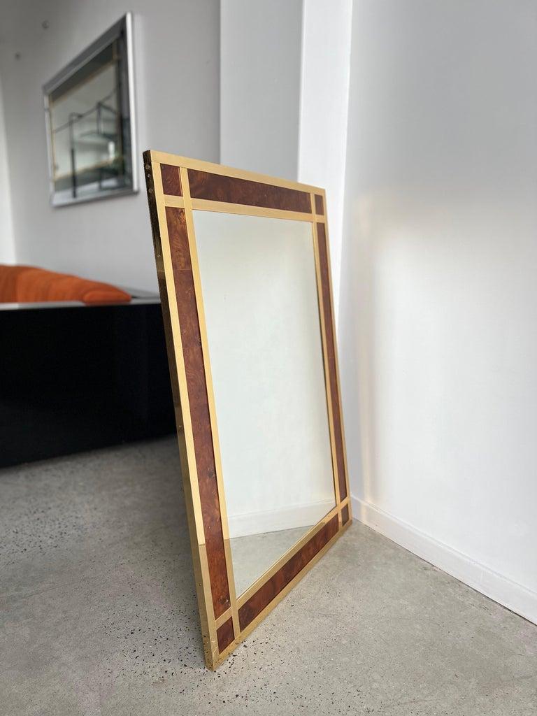 Mid-Century Modern Willy Rizzo Wall Mirror in Brass and Burlwood  For Sale