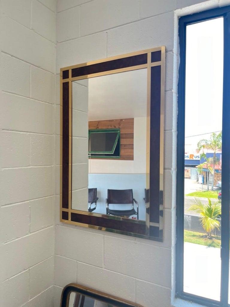 Mid-Century Modern Willy Rizzo Wall Mirror in Brass and Burlwood For Sale
