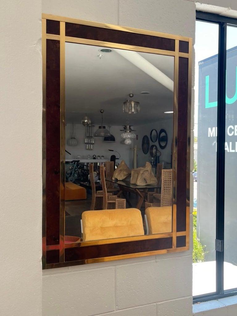Italian Willy Rizzo Wall Mirror in Brass and Burlwood For Sale