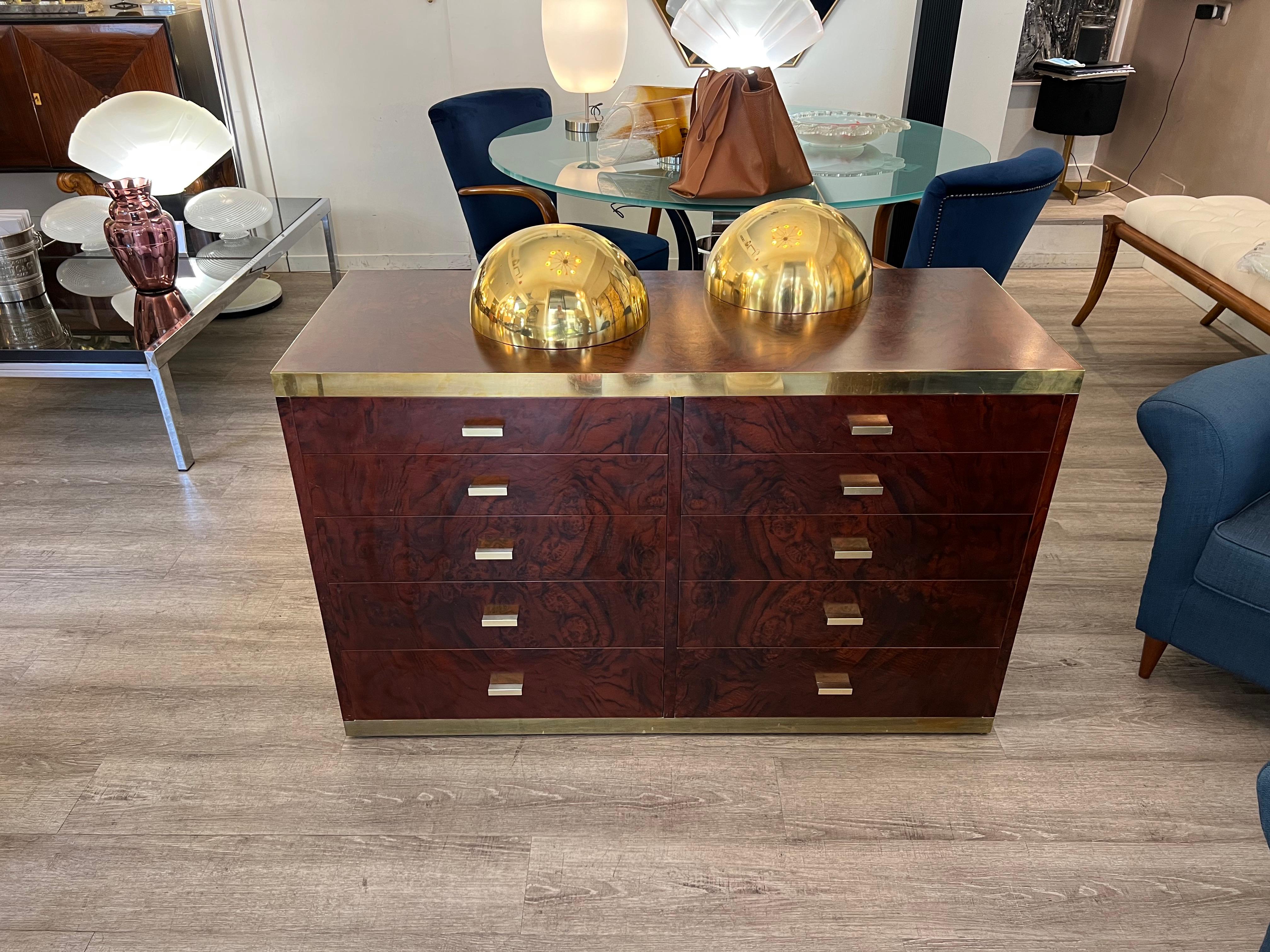 Modern 1970s Willy Rizzo Wood and Brass Chest of Drawers For Sale