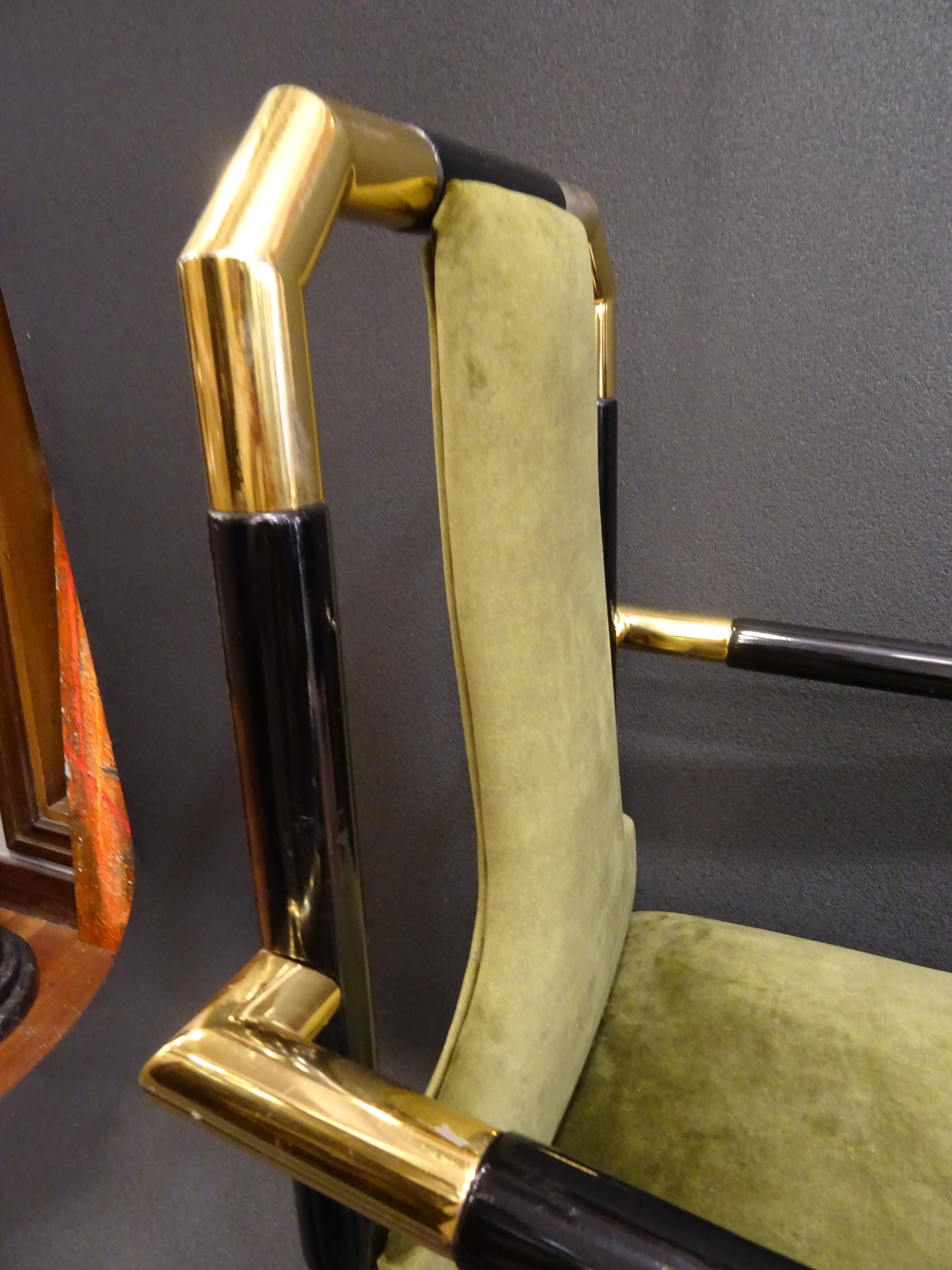 Willy Rizzo Workshop Pair of Armchairs, Green Velvet and Black Lacquered Wood 3
