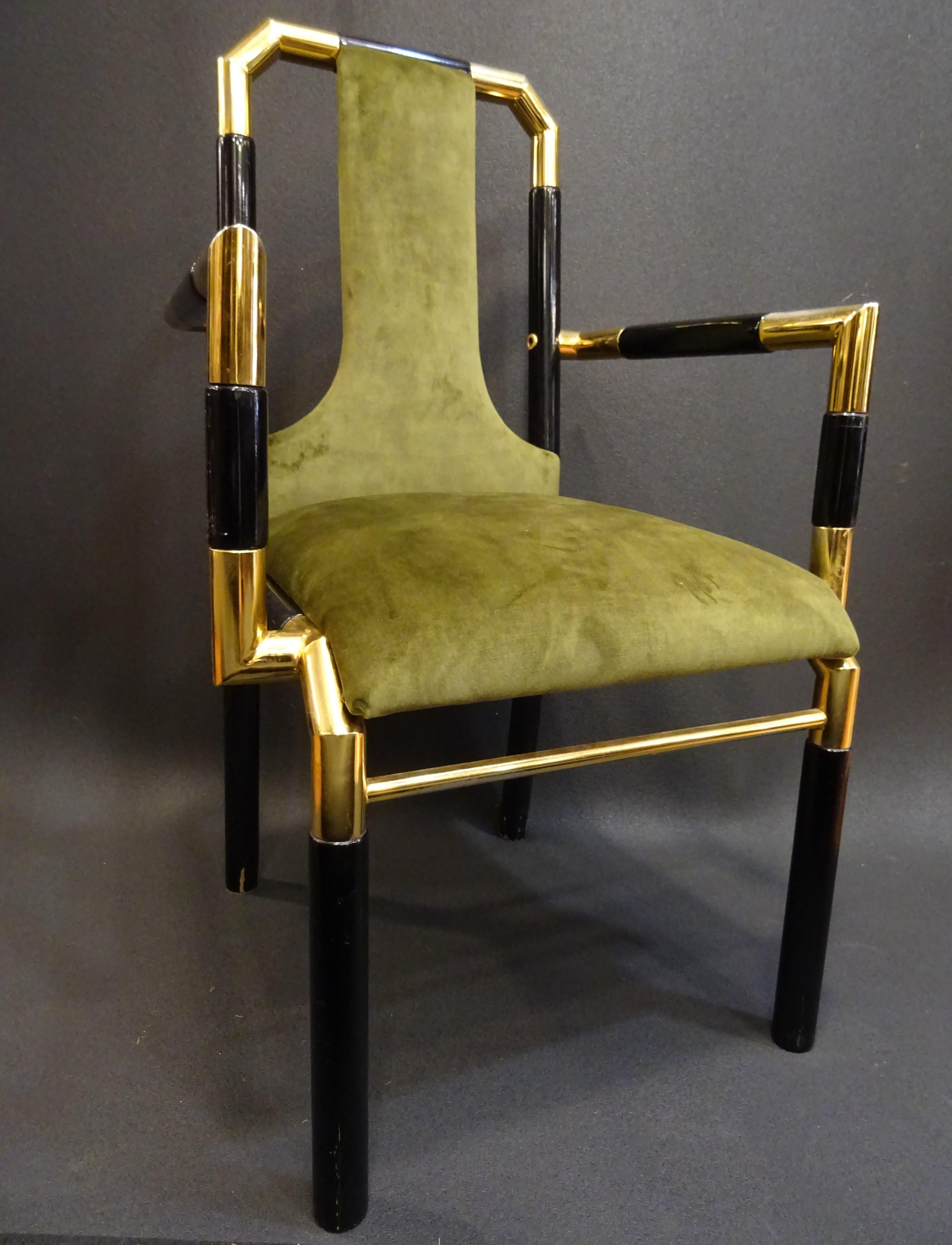 Willy Rizzo Workshop Pair of Armchairs, Green Velvet and Black Lacquered Wood 7
