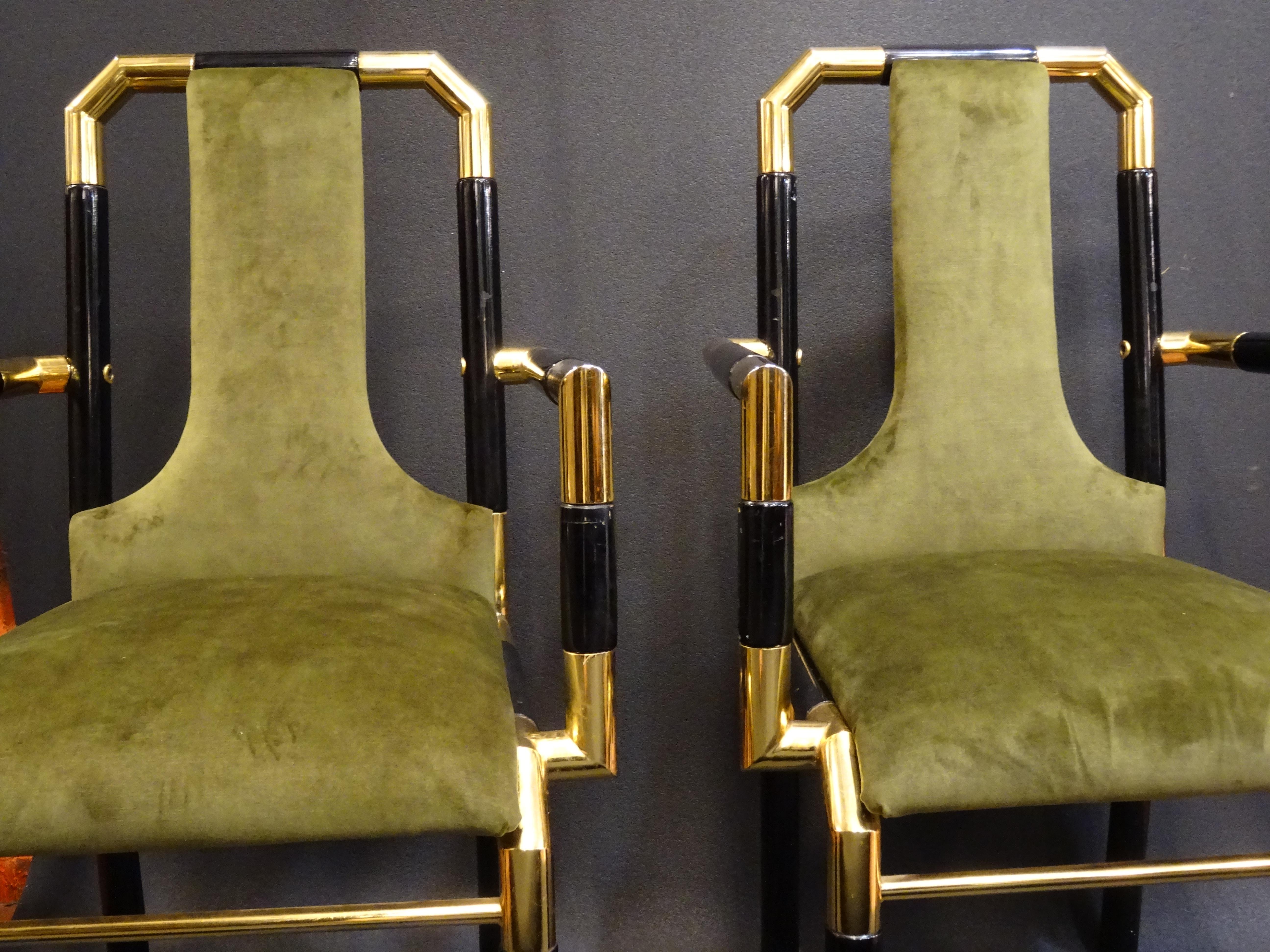 Willy Rizzo Workshop Pair of Armchairs, Green Velvet and Black Lacquered Wood 8