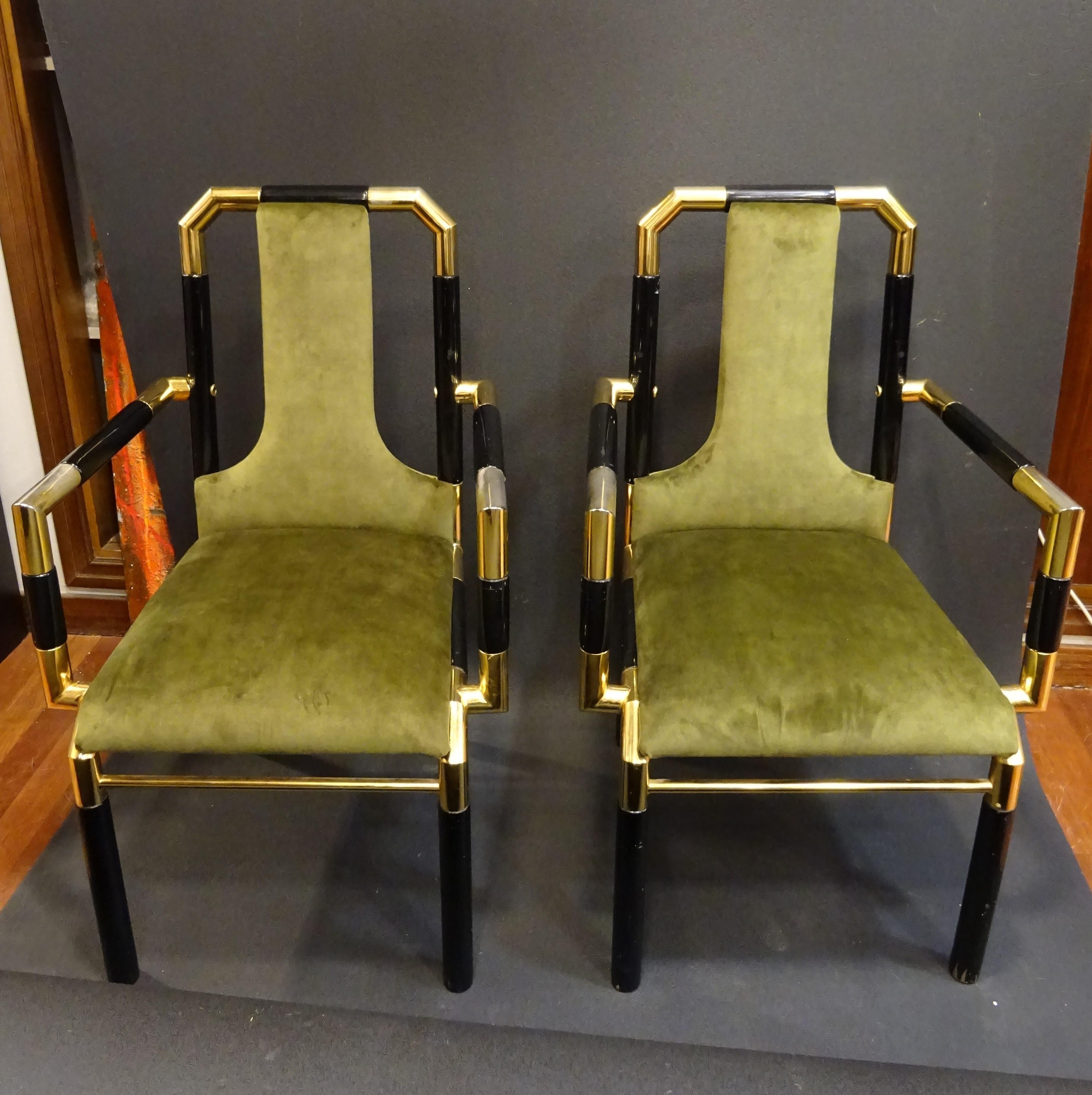 Willy Rizzo Workshop Pair of Armchairs, Green Velvet and Black Lacquered Wood 9