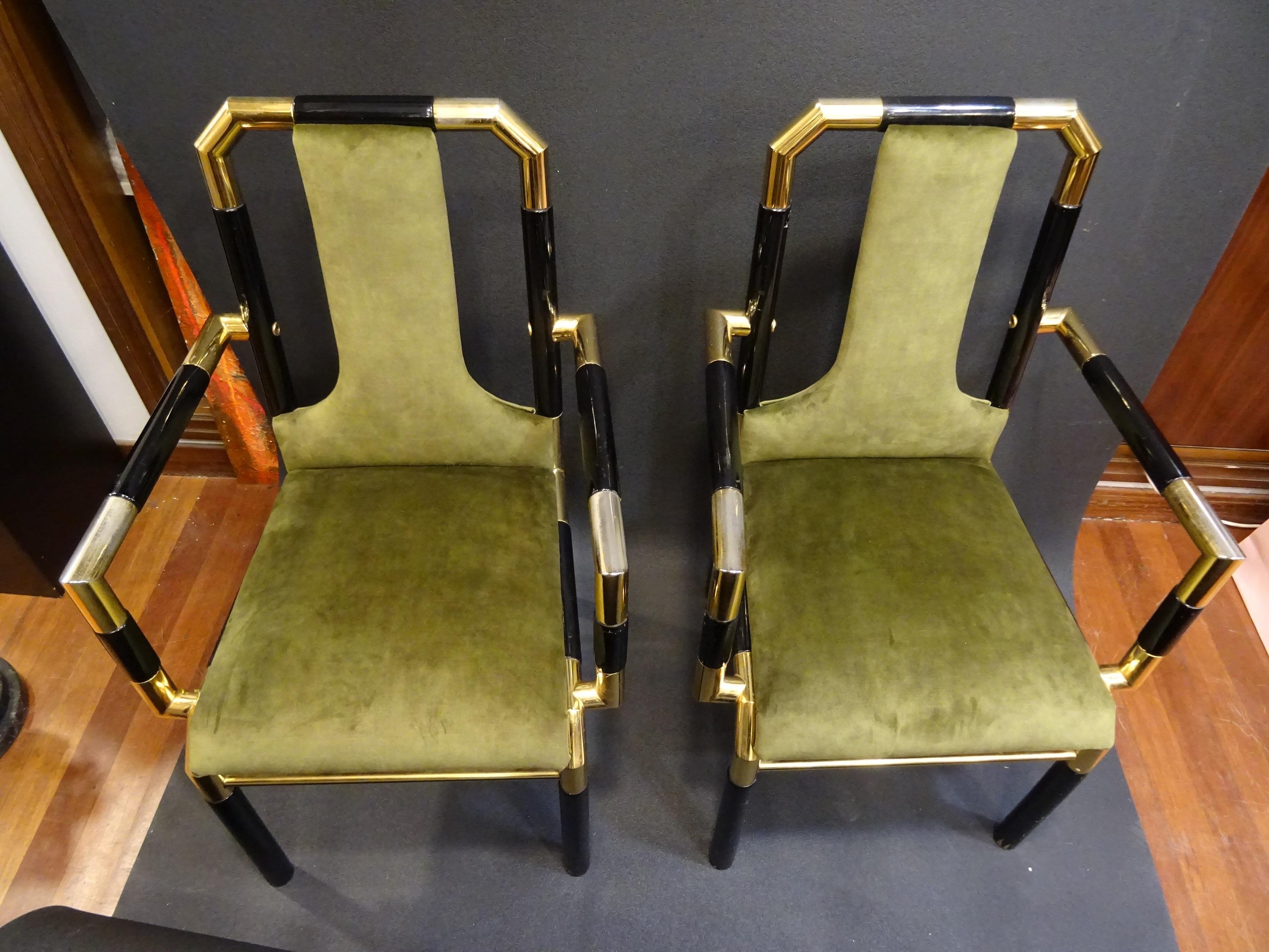 Willy Rizzo Workshop Pair of Armchairs, Green Velvet and Black Lacquered Wood 10