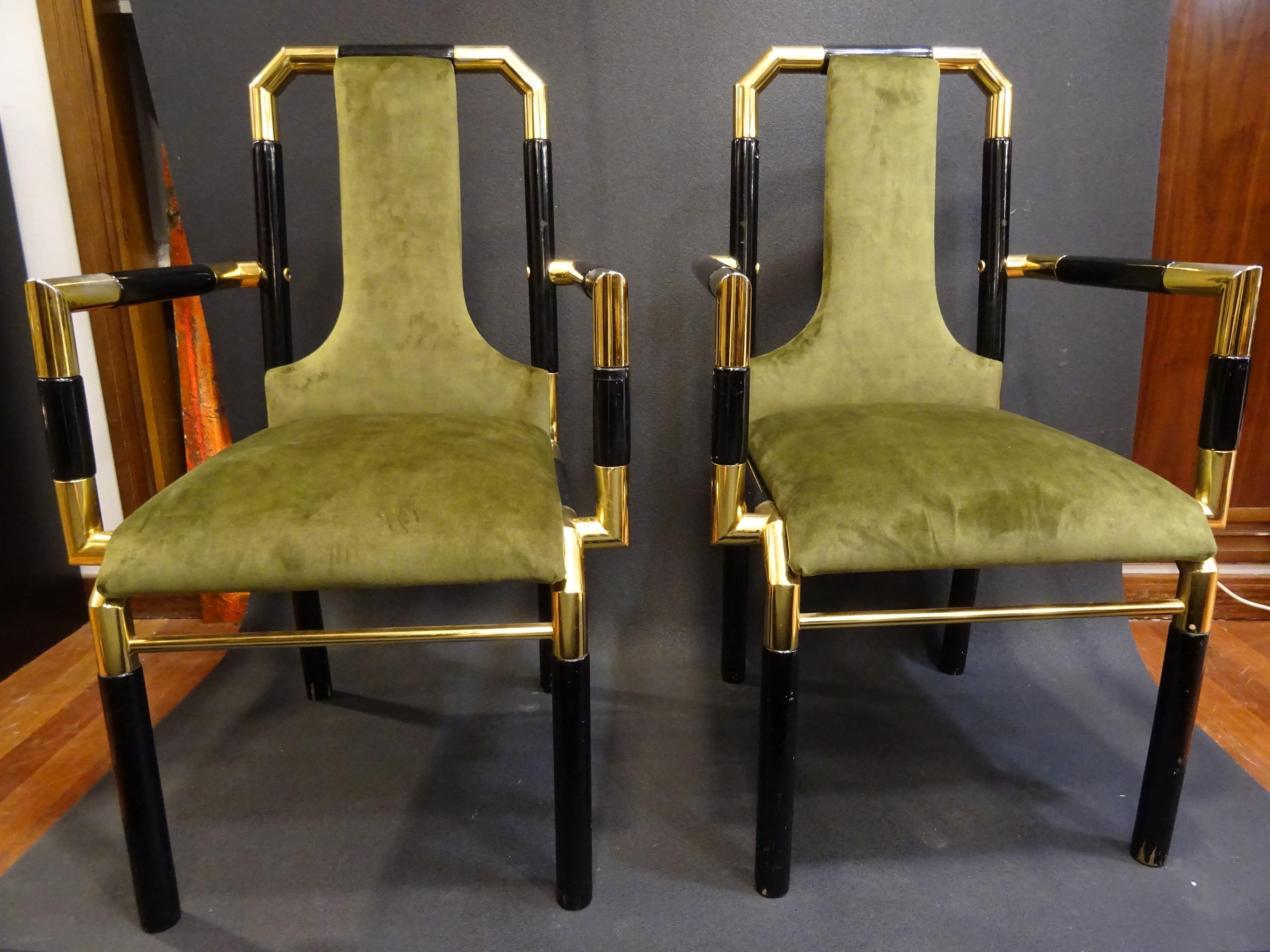Amazing couple of armchairs by Willy Rizzo workshop, 70s, reupholstered in a beautiful olive green velvet.
Black laquered wood with golden brass, very refined pieces suitable for any room, timeless at the same time 
 with a very trendly
