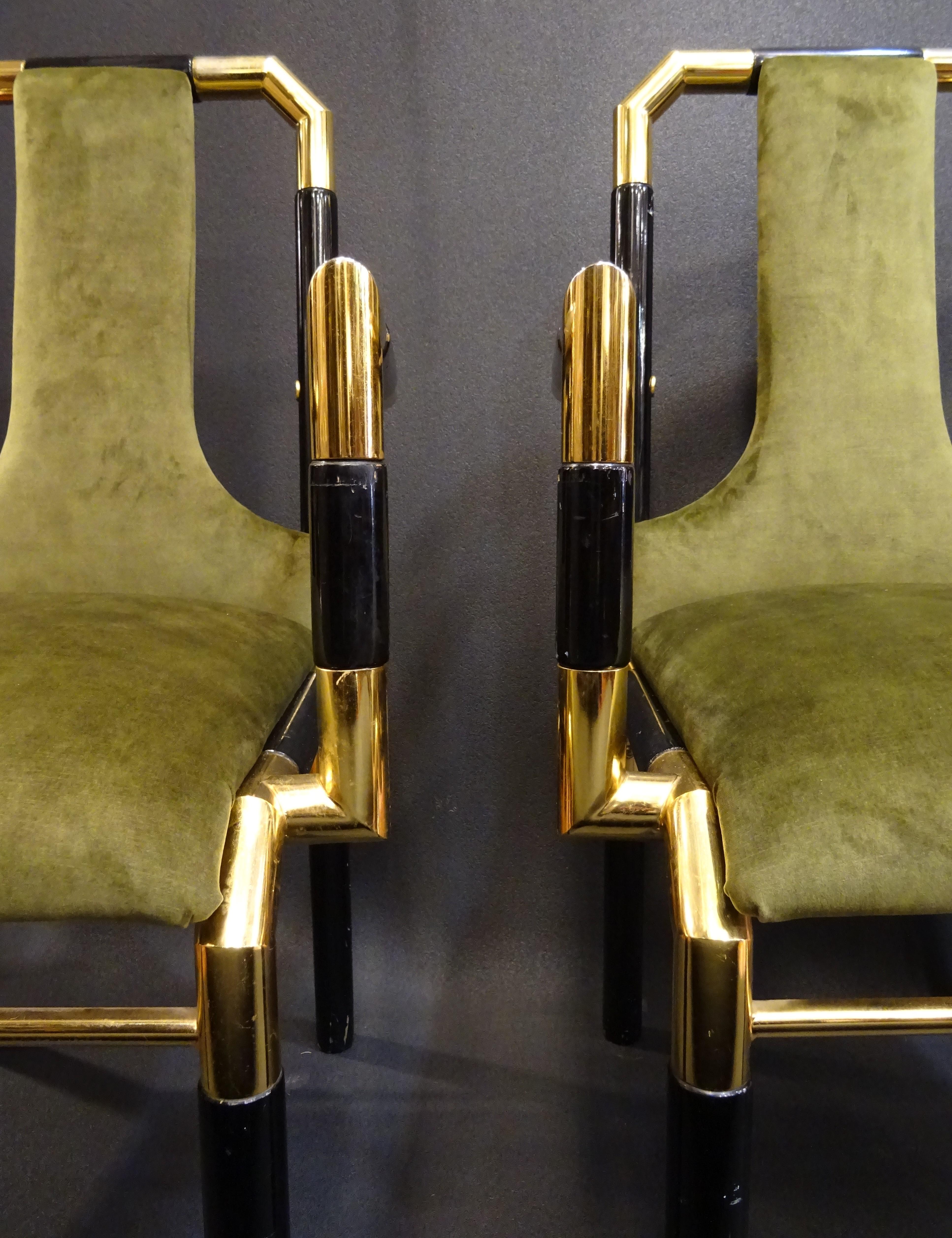 Willy Rizzo Workshop Pair of Armchairs, Green Velvet and Black Lacquered Wood 12