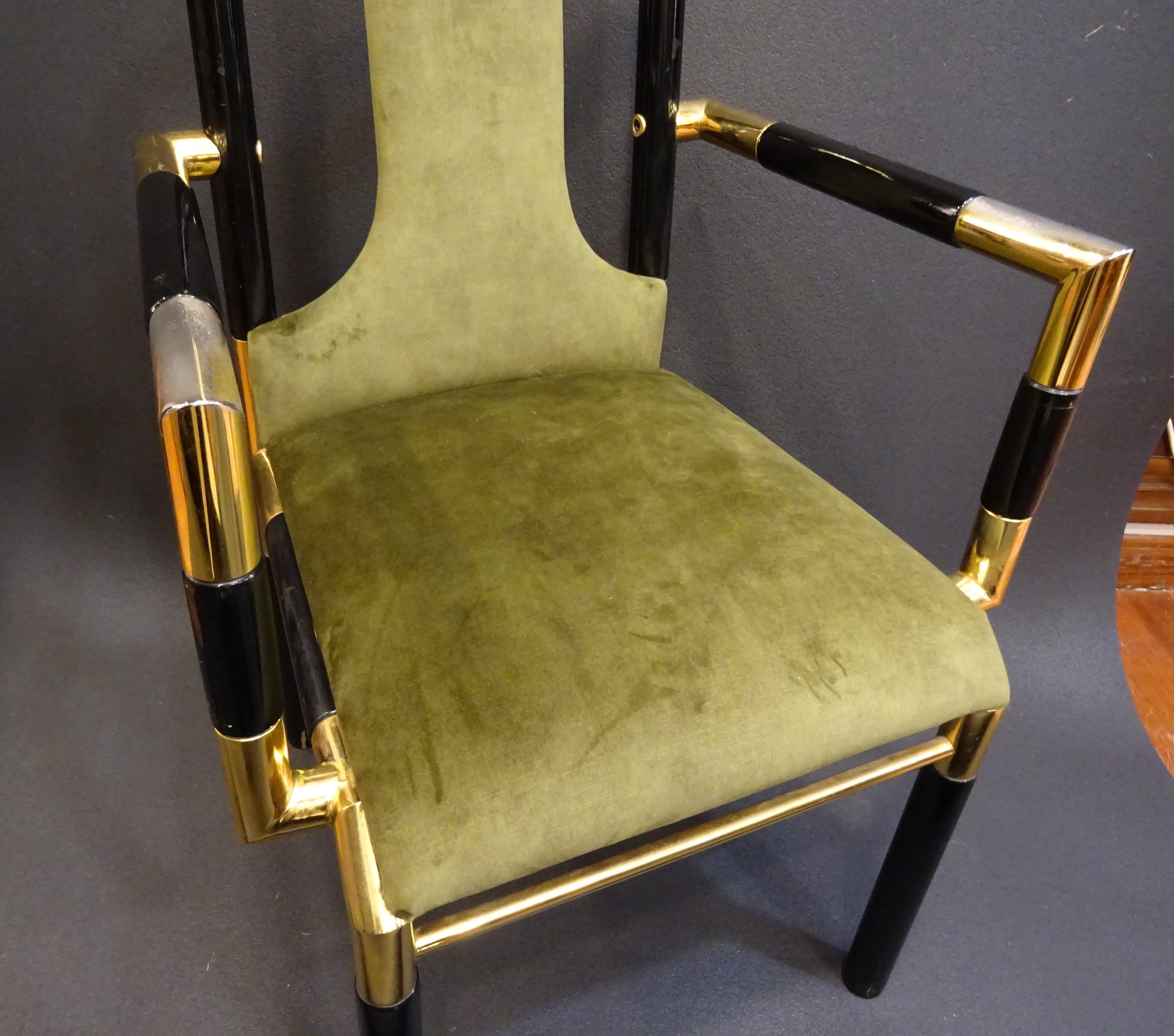 Mid-Century Modern Willy Rizzo Workshop Pair of Armchairs, Green Velvet and Black Lacquered Wood