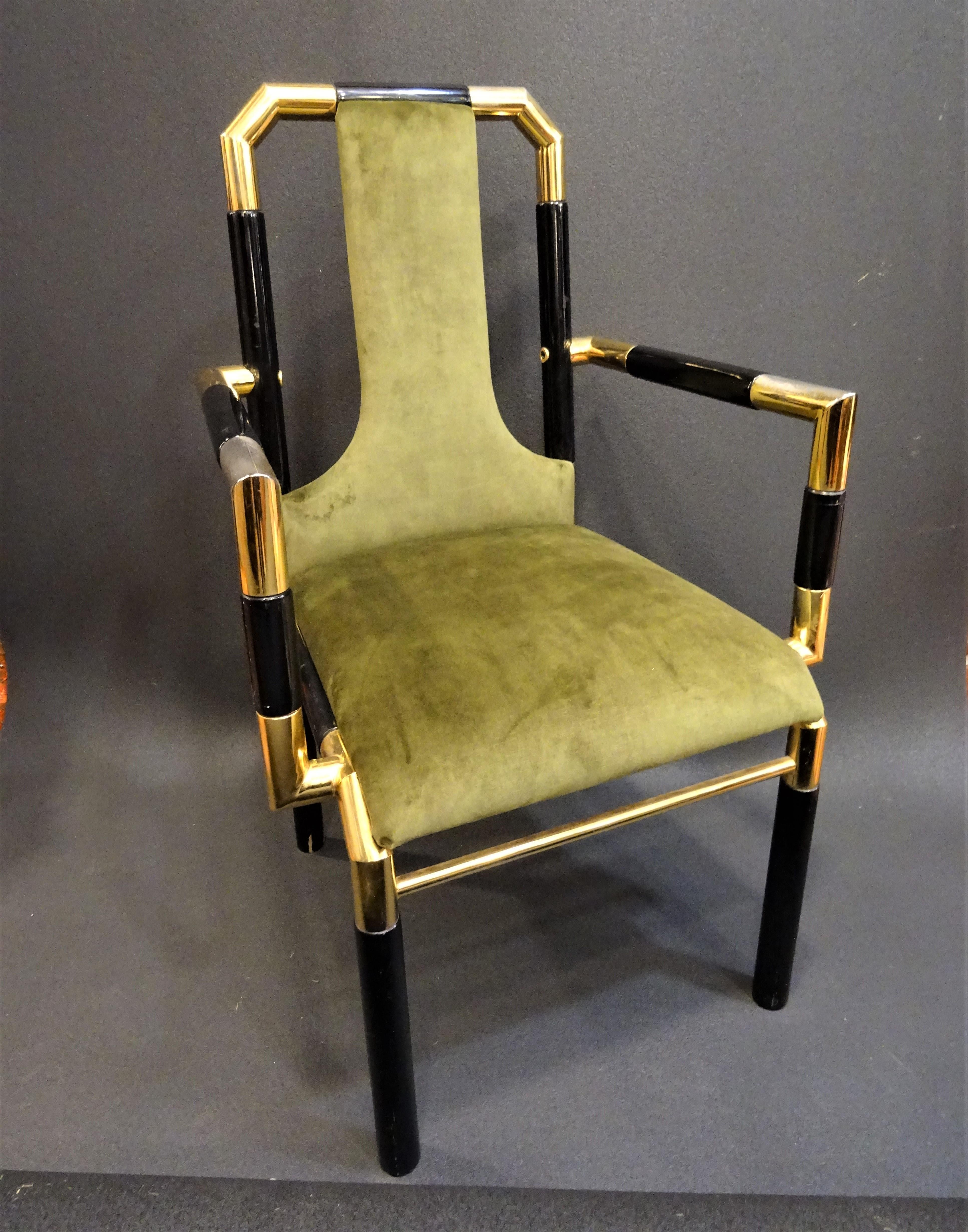 Italian Willy Rizzo Workshop Pair of Armchairs, Green Velvet and Black Lacquered Wood
