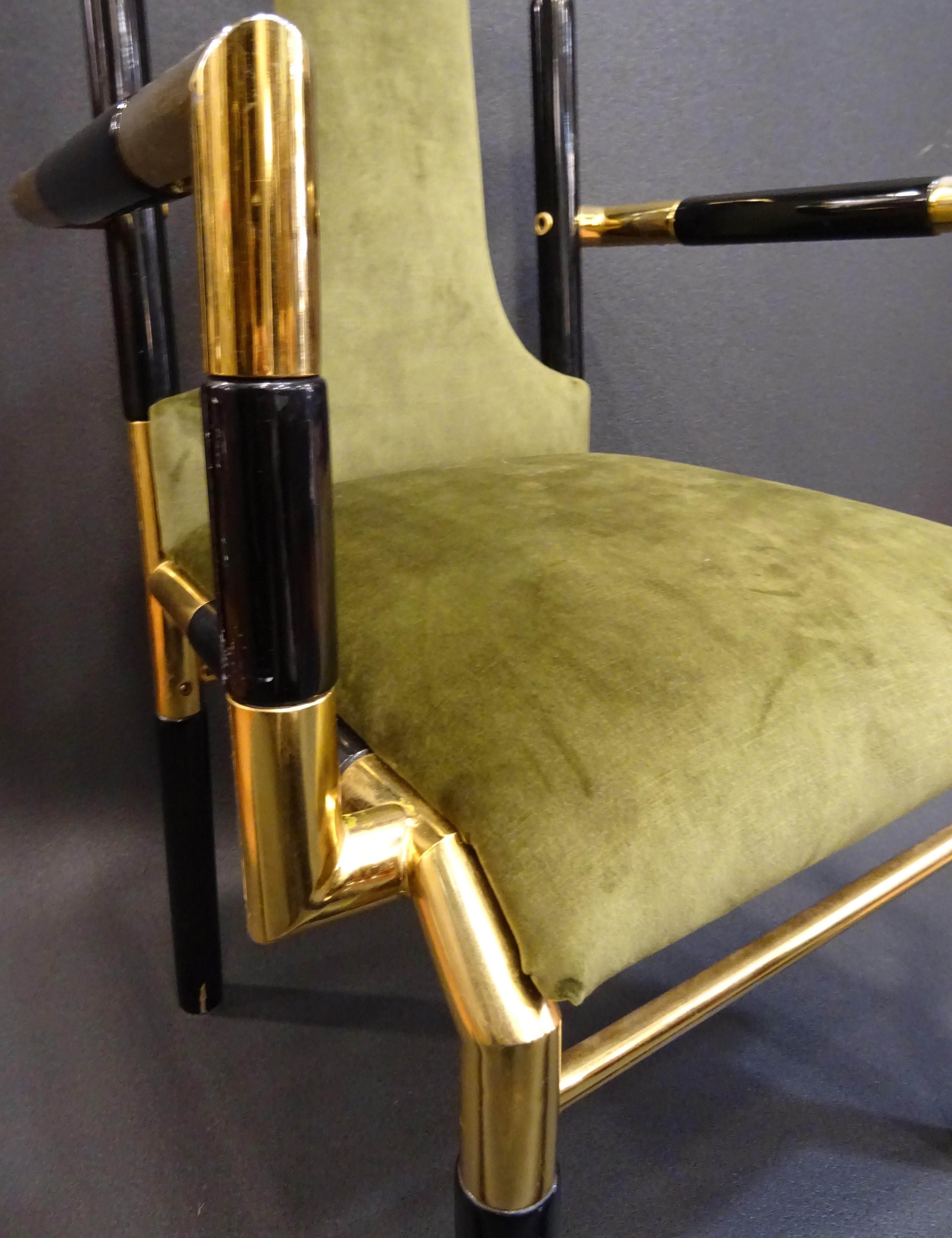 Brass Willy Rizzo Workshop Pair of Armchairs, Green Velvet and Black Lacquered Wood