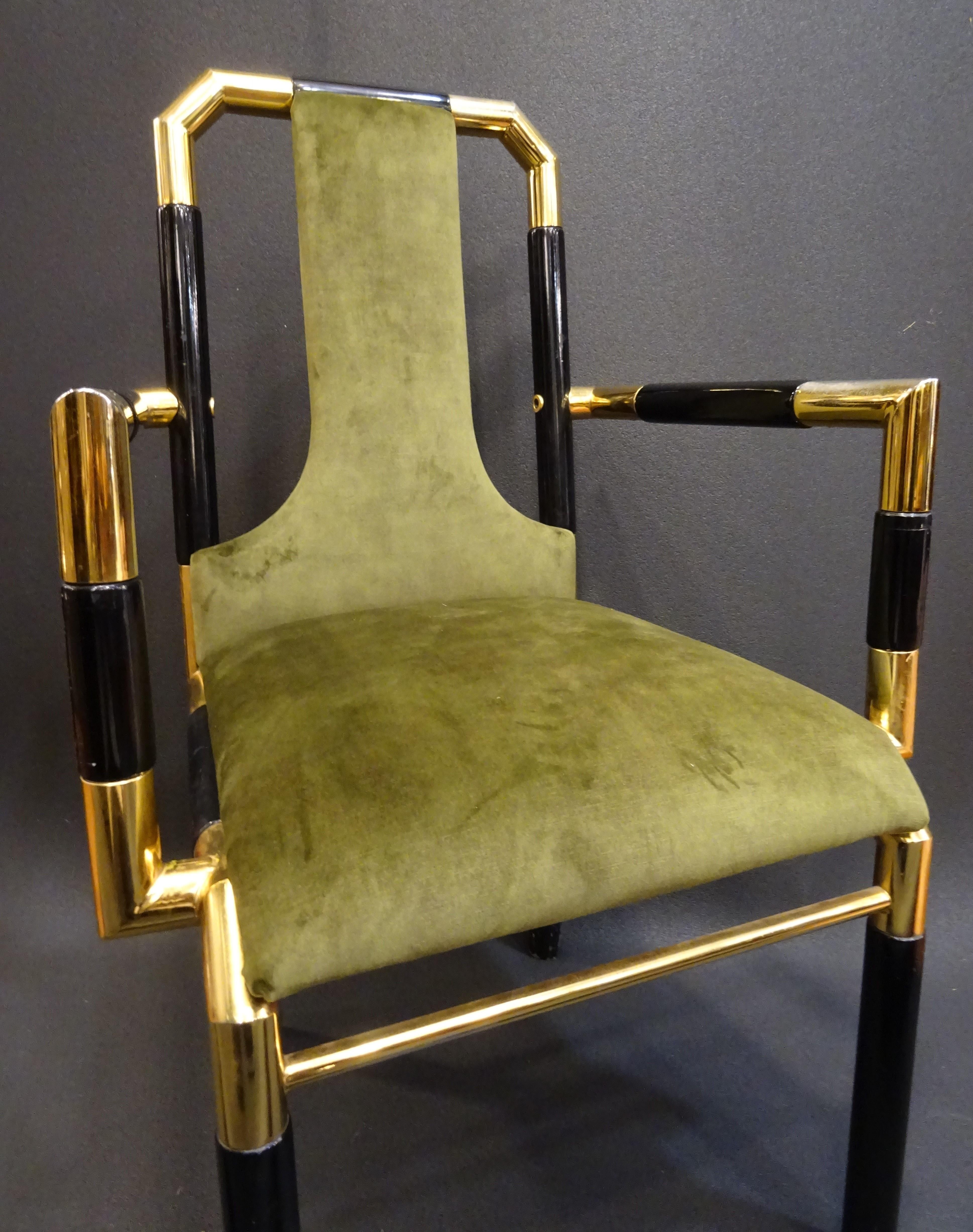 Willy Rizzo Workshop Pair of Armchairs, Green Velvet and Black Lacquered Wood 1