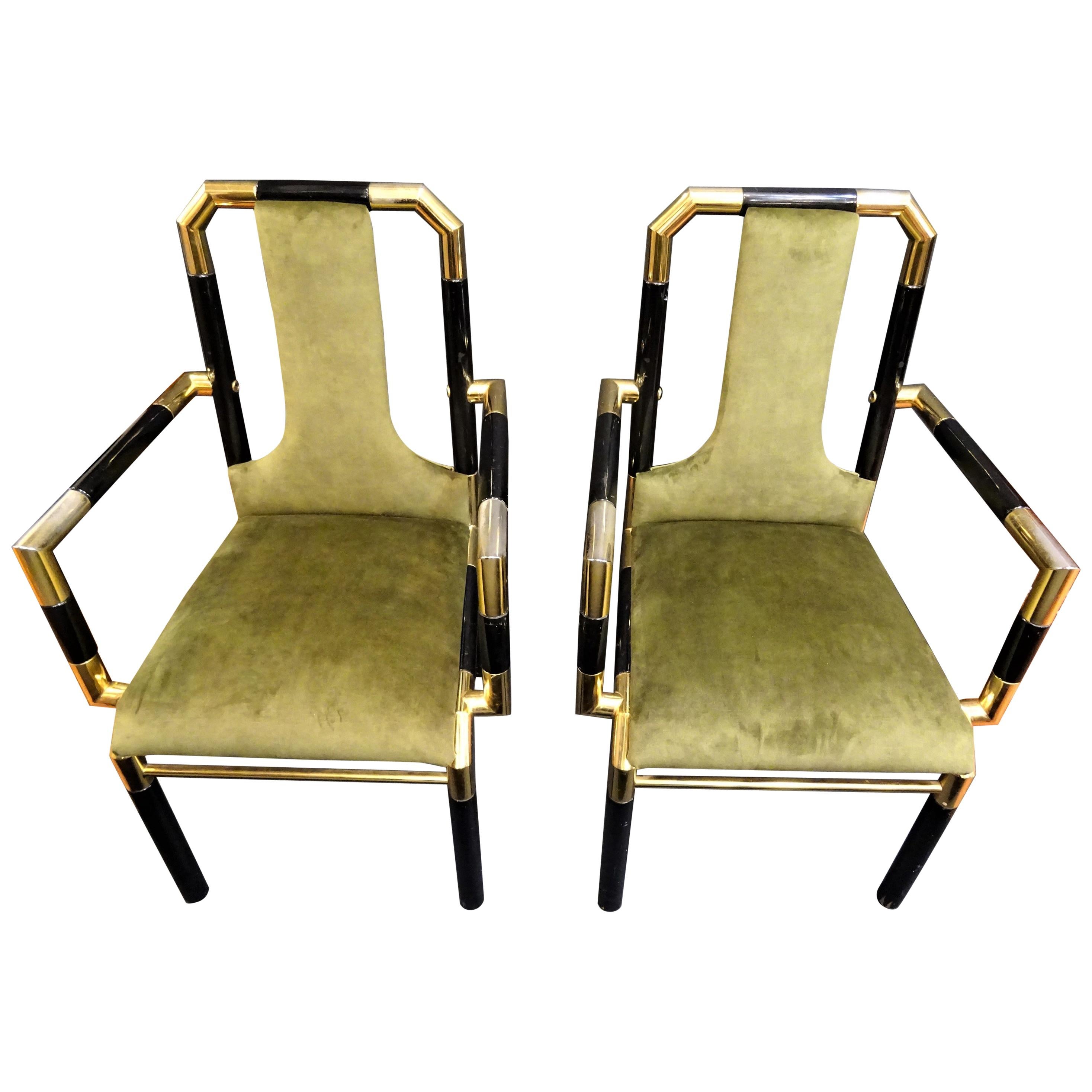 Willy Rizzo Workshop Pair of Armchairs, Green Velvet and Black Lacquered Wood