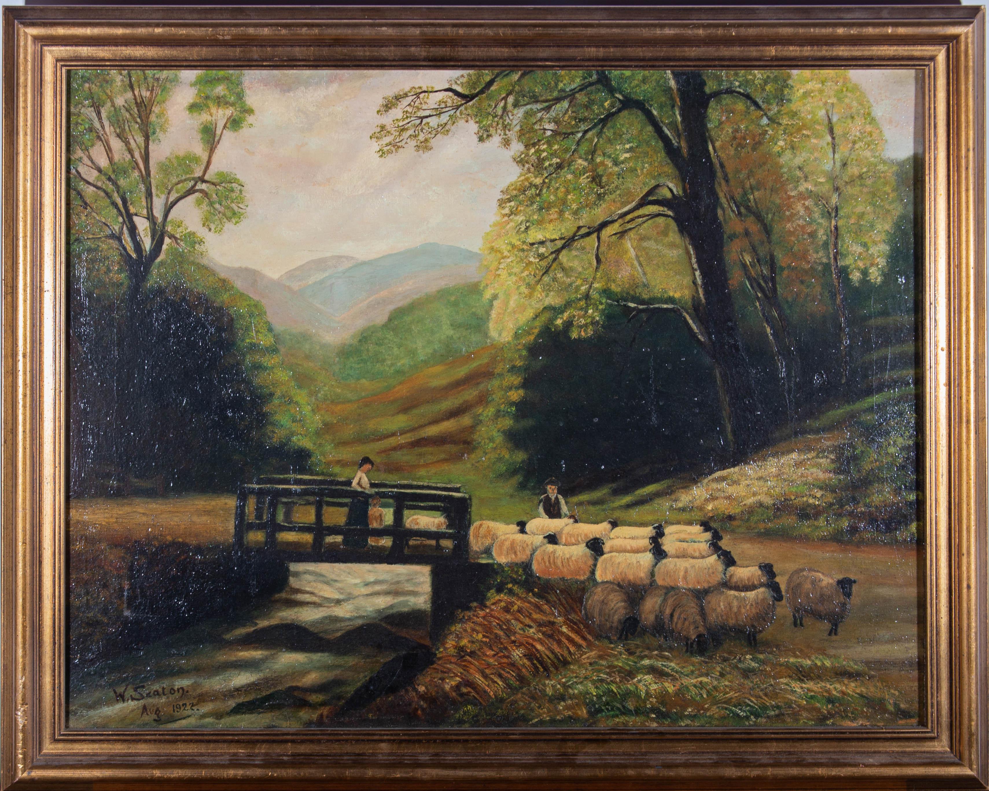 Farmers shepard a herd of sheep over a slow river in the quiet countryside. With a plethora of earthy, natural greens, Scaton has captured the ambiance of a country walk in this fine rendition. The painting is well presented in a gilded wood frame