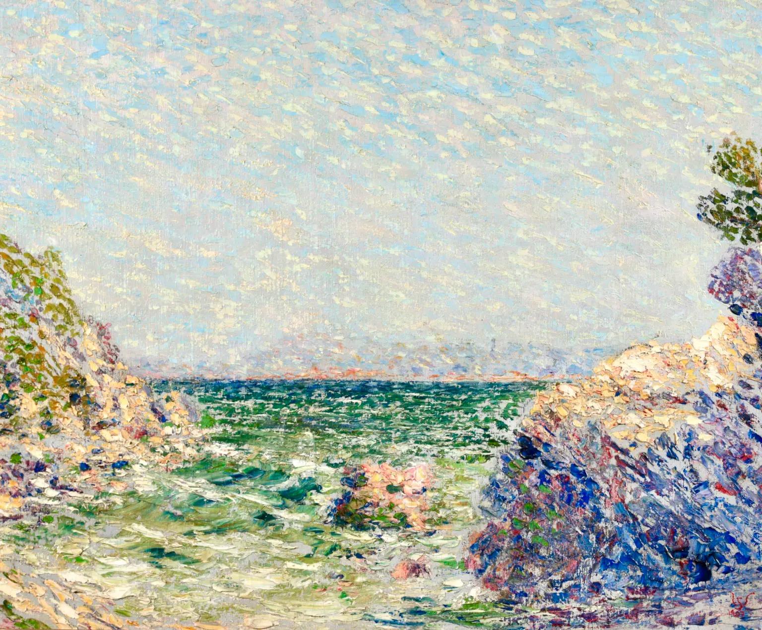 Huile sur toile signée et datée du peintre impressionniste belge Willy Schlobach. L'œuvre représente une vue de la côte, avec un regard sur la mer vert foncé qui rejoint le ciel bleu poudre à l'horizon lointain, et des formations rocheuses de part