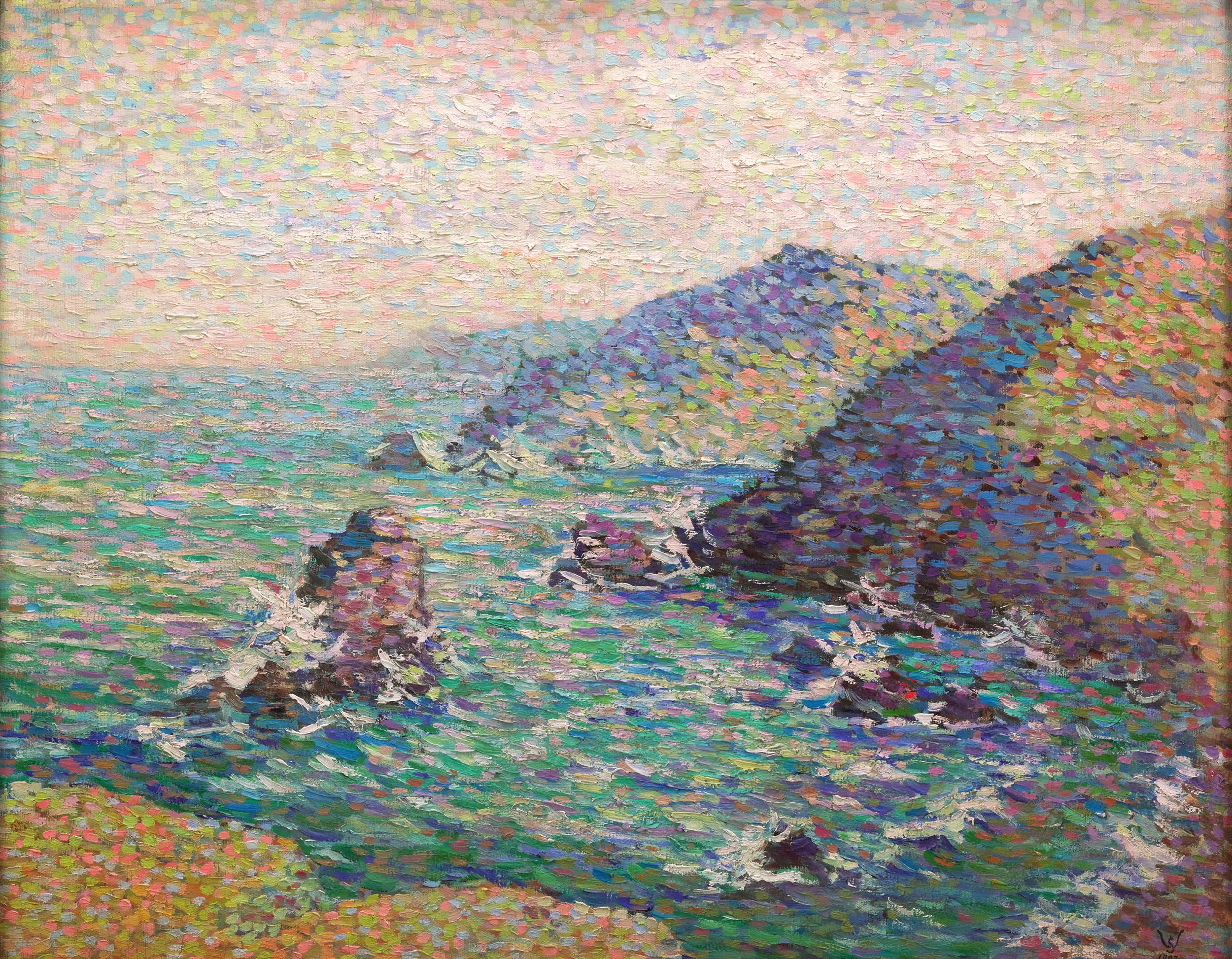 Willy Schlobach
1864-1951  Belgian

Les falaises
(The Cliffs)

Oil on canvas
Signed with artist’s monogram “W.S.” (lower right)

This coastal landscape showcases the bold palette and distinctive technique of Belgian painter Willy Schlobach. The
